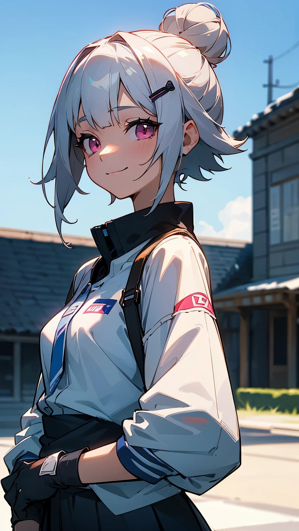 (highest quality、Extra fine、genuine)、1 girl、riders jacket、small breasts、Silver short bob hair clip tied into a bun、pink eyes、、From the side、gloves、evil smile、roof of the building、Blowin' in the wind、blue sky、upper body close-up、sharp outline