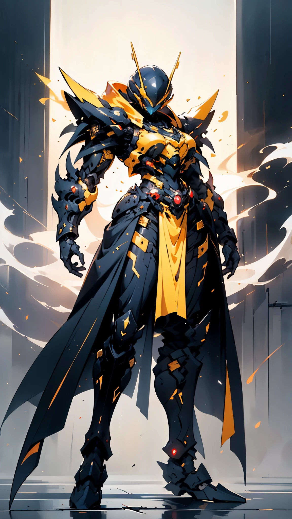 A woman adorned in fantasy-style full-body armor, a crown-concept fully enclosed helmet that unveils only her eyes, a composite layered chest plate, fully encompassing shoulder and hand guards, a lightweight waist armor, form-fitting shin guards, the overall design is heavy-duty yet flexible, ((the armor gleams with a golden glow, complemented by red and blue accents)), exhibiting a noble aura, she floats above a fantasy-surreal high-tech city, this character embodies a finely crafted fantasy-surreal style armored hero in anime style, exquisite and mature manga art style, (Queen bee mixed with Spider concept Armor, plasma, blood), ((Element, energy, elegant, goddess, femminine:1.5)), metallic, high definition, best quality, highres, ultra-detailed, ultra-fine painting, extremely delicate, professional, anatomically correct, symmetrical face, extremely detailed eyes and face, high quality eyes, creativity, RAW photo, UHD, 32k, Natural light, cinematic lighting, masterpiece-anatomy-perfect, masterpiece:1.5