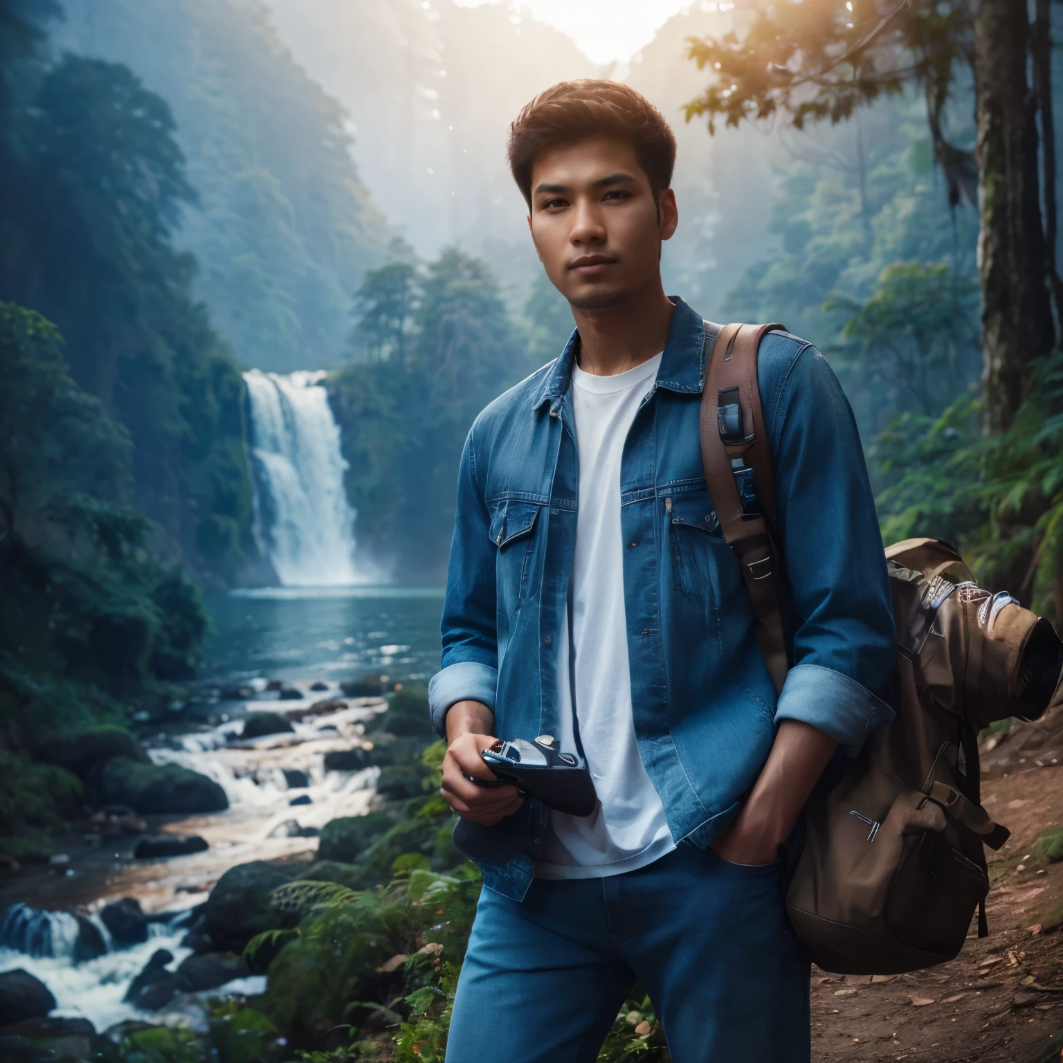 Full body cinematic portrait of Indonesian man, 28 years old, clean face, curtain cut, glasses, wearing white t-shirt, blue jeans jacket and camping bag and boots, walking in the forest with photo camera, outdoor photographer, green forest background with water waterfalls and streams, professional photography, advertising shoots, faces looking at the camera, portraits from the side, realistic, with sunset atmosphere