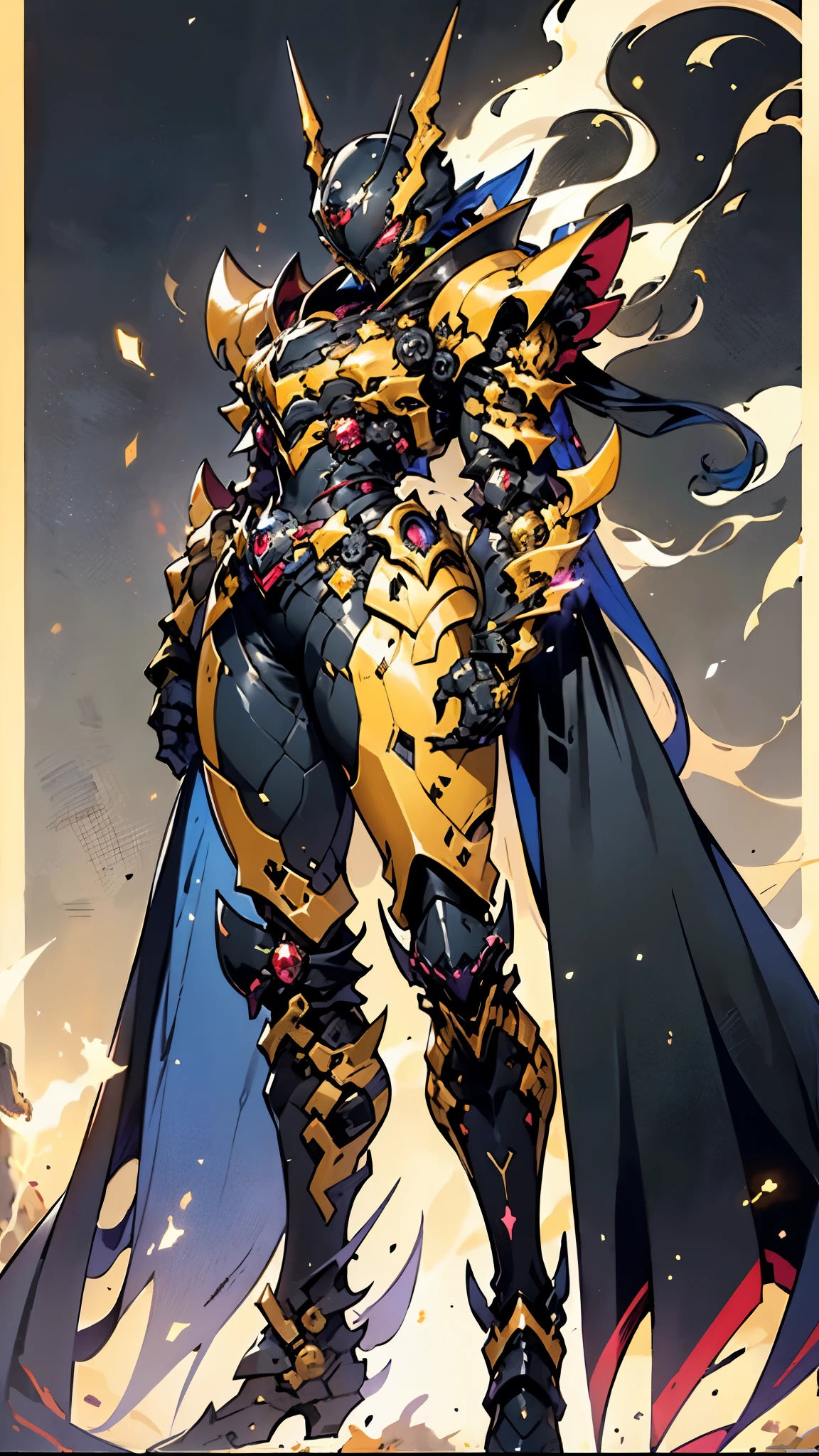 A woman adorned in fantasy-style full-body armor, a crown-concept fully enclosed helmet that unveils only her eyes, a composite layered chest plate, fully encompassing shoulder and hand guards, a lightweight waist armor, form-fitting shin guards, the overall design is heavy-duty yet flexible, ((the armor gleams with a golden glow, complemented by red and blue accents)), exhibiting a noble aura, she floats above a fantasy-surreal high-tech city, this character embodies a finely crafted fantasy-surreal style armored hero in anime style, exquisite and mature manga art style, (Queen bee mixed with Spider concept Armor, plasma, blood), ((Element, energy, elegant, goddess, femminine:1.5)), metallic, high definition, best quality, highres, ultra-detailed, ultra-fine painting, extremely delicate, professional, anatomically correct, symmetrical face, extremely detailed eyes and face, high quality eyes, creativity, RAW photo, UHD, 32k, Natural light, cinematic lighting, masterpiece-anatomy-perfect, masterpiece:1.5