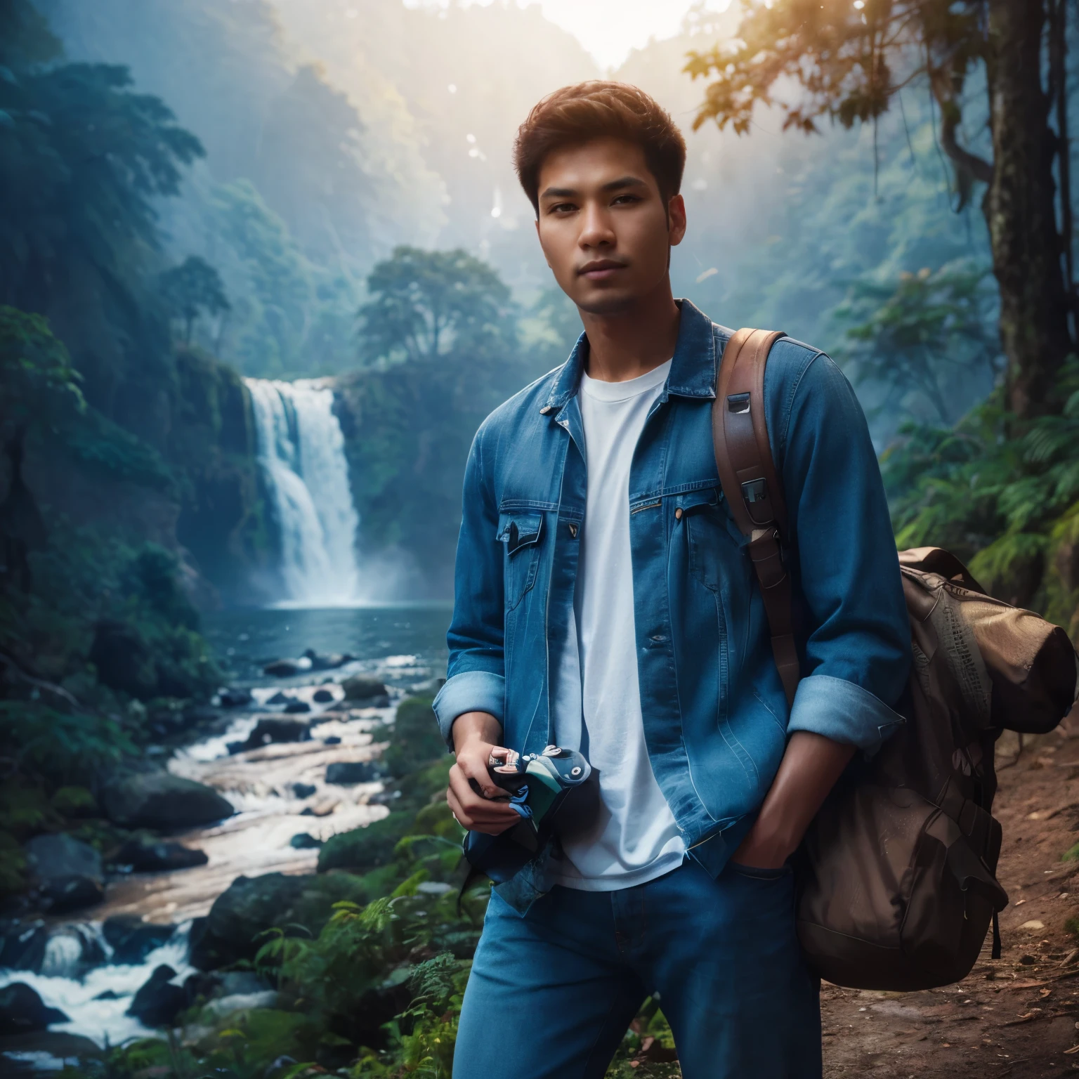 Full body cinematic portrait of Indonesian man, 28 years old, clean face, curtain cut, glasses, wearing white t-shirt, blue jeans jacket and camping bag and boots, walking in the forest with photo camera, outdoor photographer, green forest background with water waterfalls and streams, professional photography, advertising shoots, faces looking at the camera, portraits from the side, realistic, with sunset atmosphere