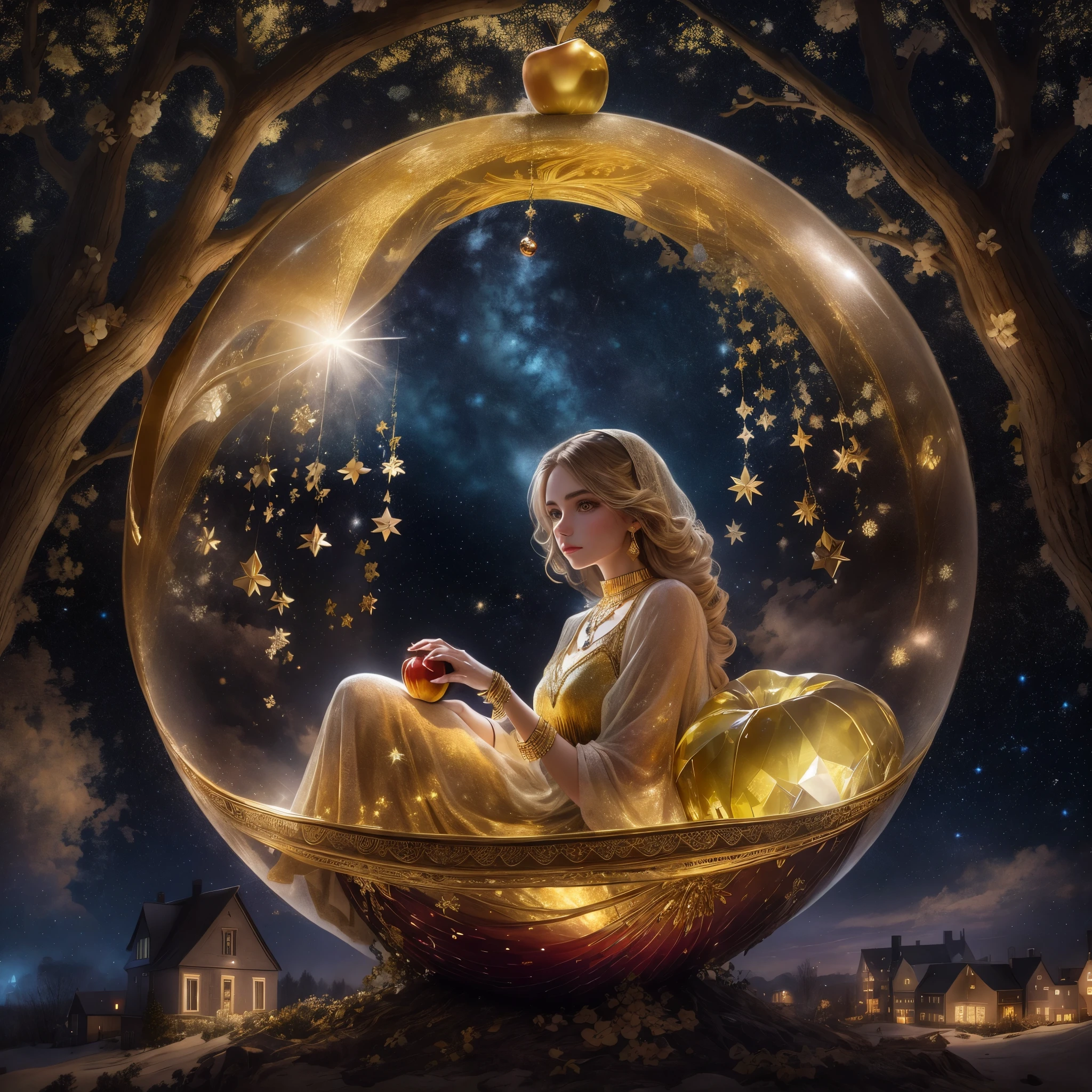 A young woman draped in luxurious gold jewelry rests inside a crystal clear apple, against a backdrop of starry skies and a picturesque rural town decorated for Easter. A heavenly and earthly combination that delights the eyes.