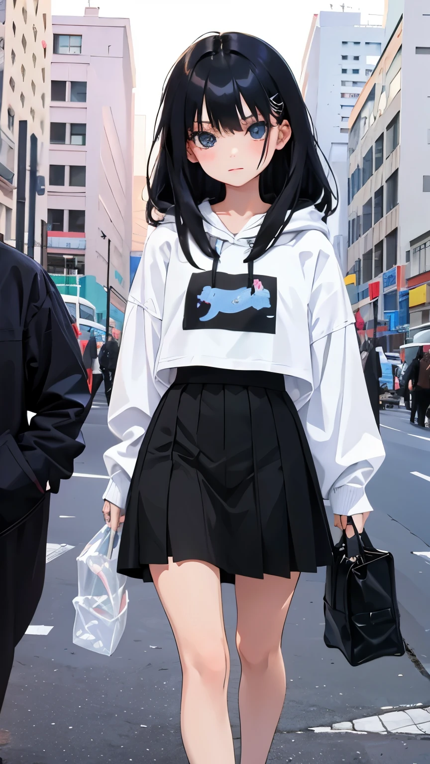 (short cute girl, young studeg delicate girl),(masterpiece,Top quality),Pastel hoodies,skirt,long black hair, toy world