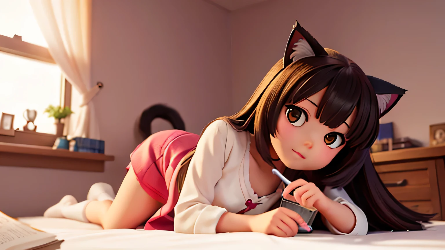 anime girl laying on the bed with a book and a cat, relaxing concept art, cute anime catgirl, anime style 4 k, anime girl with cat ears, guweiz on pixiv artstation, trending on artstation pixiv, guweiz on artstation pixiv, by Shitao, beautiful anime catgirl, anime moe artstyle, brunette hair, brown eyes