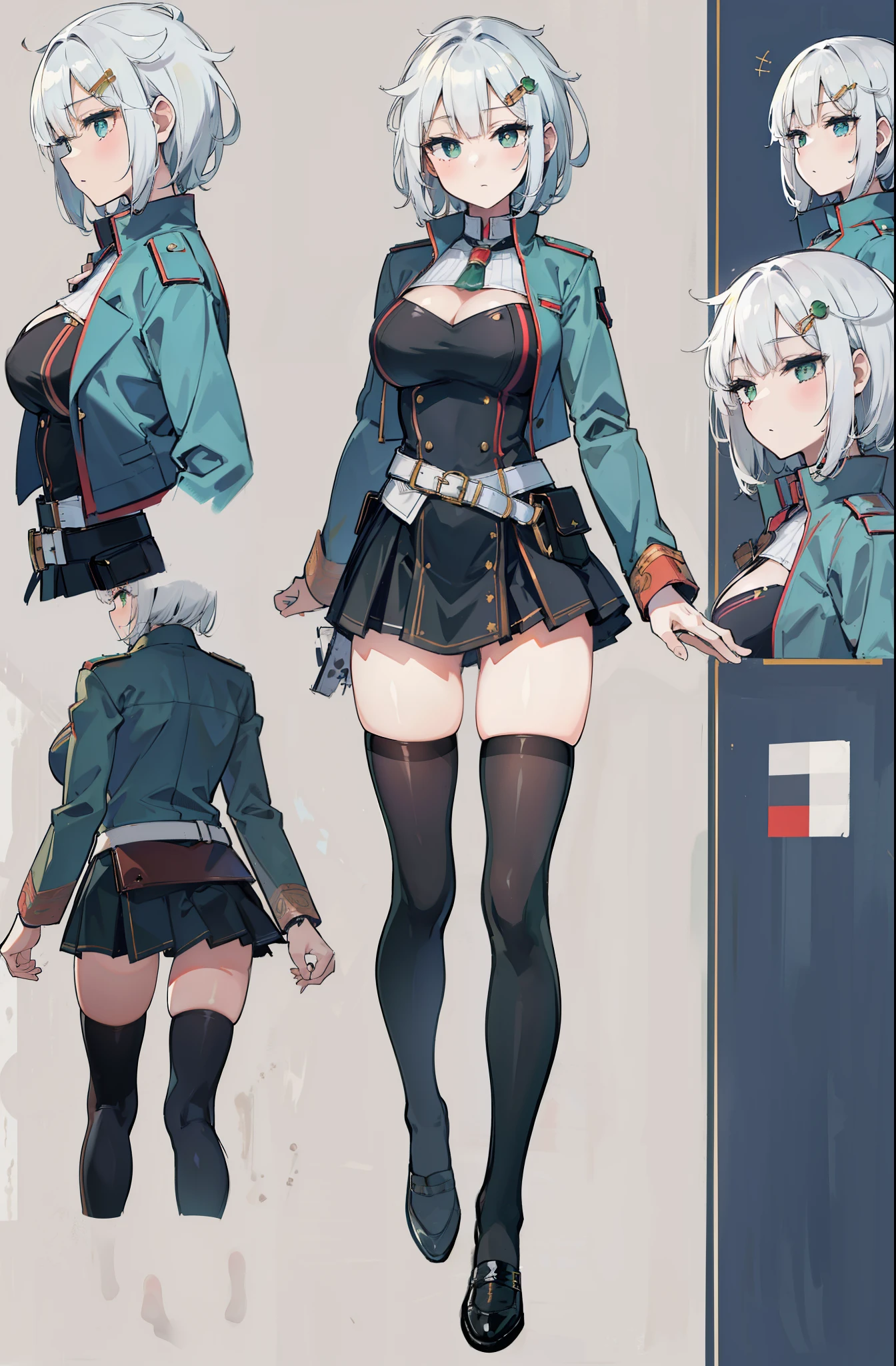 character sheet, (masterpiece, best quality:1.2), illustration, 8k, hd, solo, 1girl, short hair, white hair, green eyes, green blazer, black skirt, hair ornaments, reference sheet, model sheet, black thigh-highs, loafers, medium breasts,