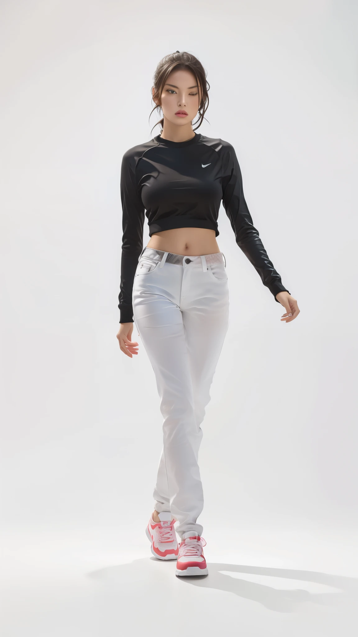 16K, Masterpiece, photorealism, A girl walks to her full height, a girl with dark long hair, a girl dressed in a white top, light jeans, white sneakers, white background,