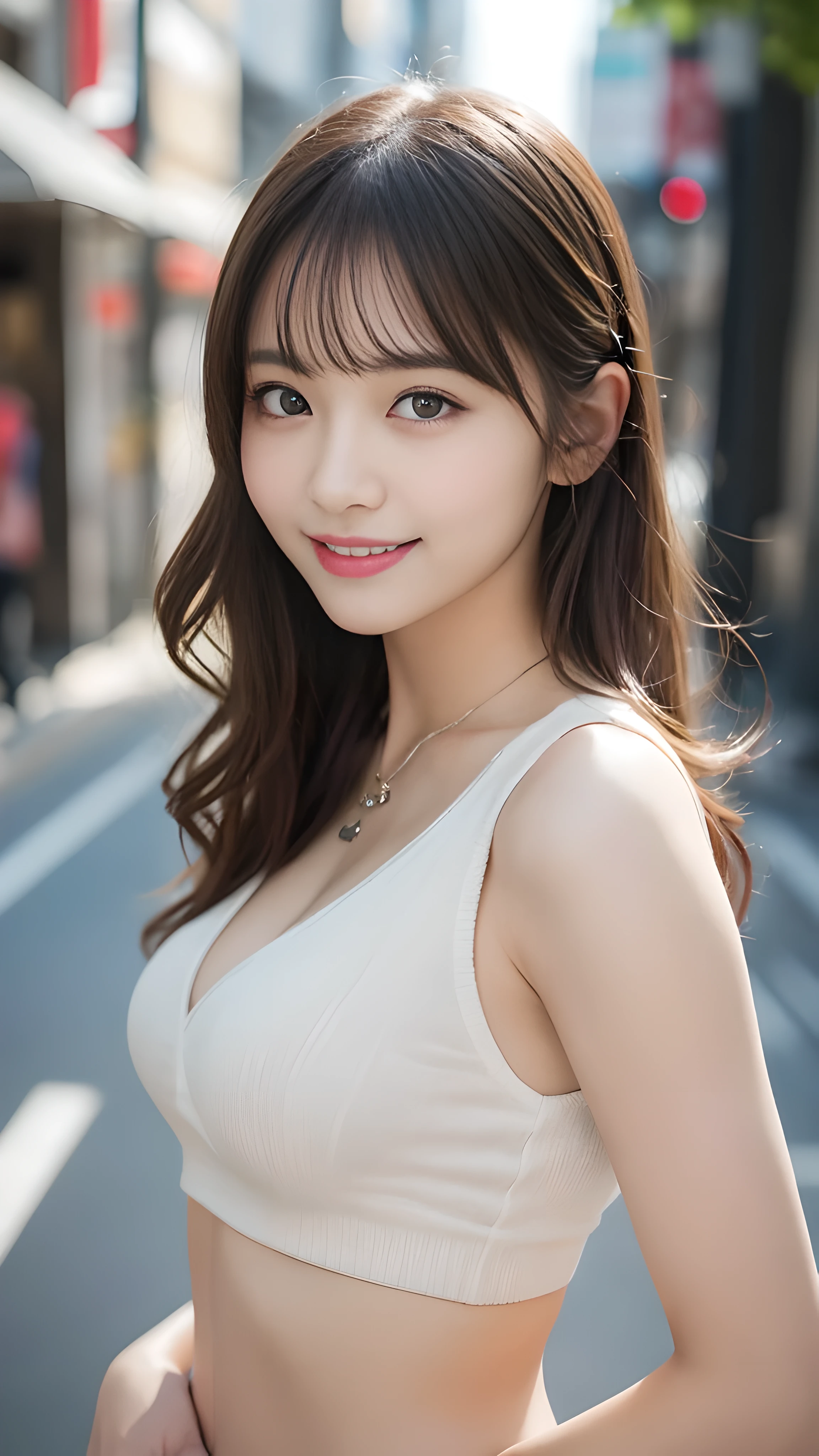 最high quality, shape, Super detailed, finely, High resolution, 8k wallpaper, 完璧なダイナミックな構shape, finelyて美しい目,wavy hair,、natural color lip, bold sexy pose,笑face, 20 year old girl、cute、sexy shot looking at camera,Ultra-realistic raw photos, hostess'face、Clothes season is random, high quality、surreal、healthy、笑face、Slender perfect shape、beauty of japan、 necklace、perfect eyes beautiful skin、Upper body、The location is Shibuya, very thin waist, people々focus perfectly on,