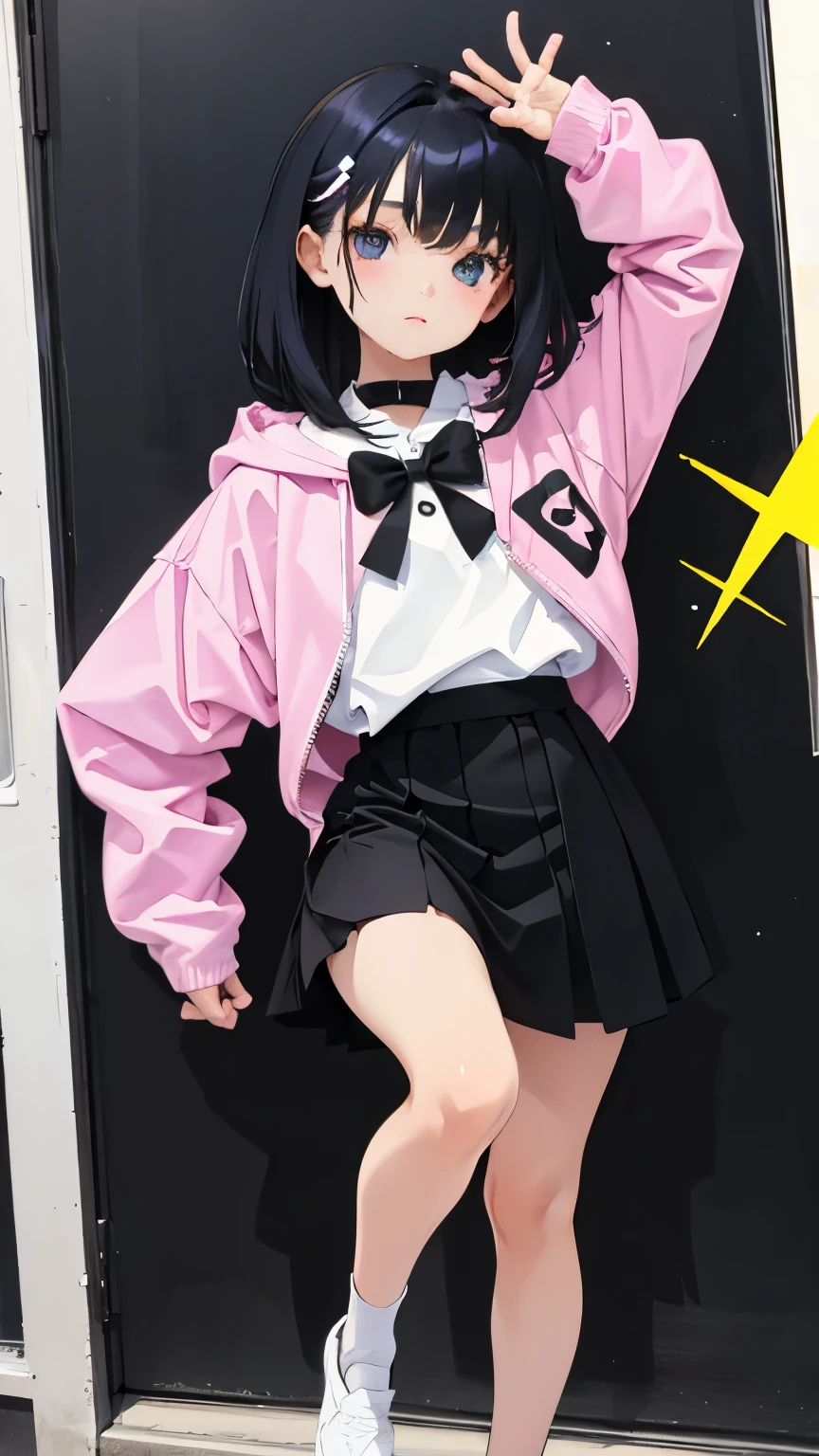 (short cute girl,small young student,young delicate girl),(masterpiece,Top quality),Pastel hoodies,skirt,long black hair, toy world