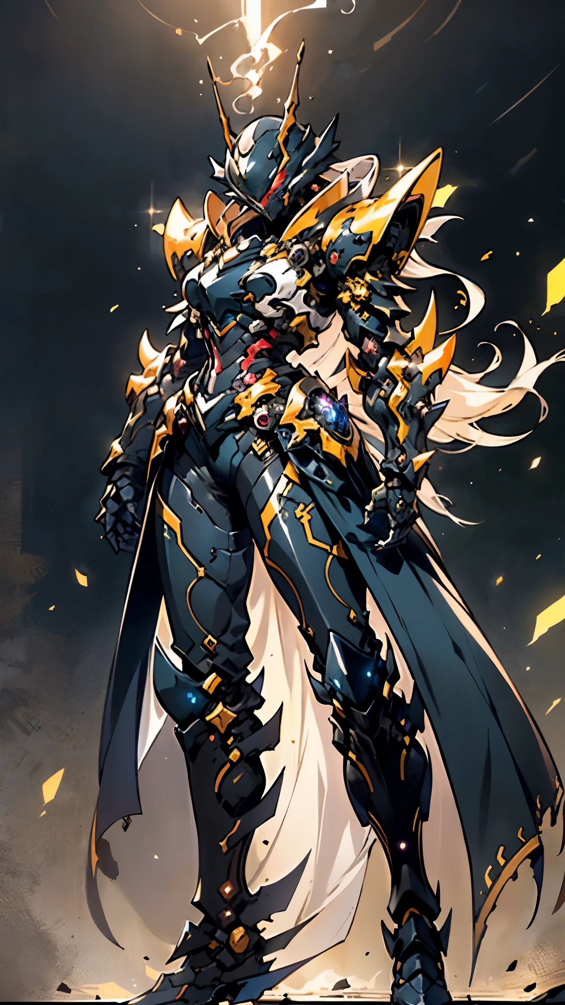 A woman adorned in fantasy-style full-body armor, a crown-concept fully enclosed helmet that unveils only her eyes, a composite layered chest plate, fully encompassing shoulder and hand guards, a lightweight waist armor, form-fitting shin guards, the overall design is heavy-duty yet flexible, ((the armor gleams with a golden glow, complemented by red and blue accents)), exhibiting a noble aura, she floats above a fantasy-surreal high-tech city, this character embodies a finely crafted fantasy-surreal style armored hero in anime style, exquisite and mature manga art style, (Queen bee mixed with Spider concept Armor, plasma, blood), ((Element, energy, elegant, goddess, femminine:1.5)), metallic, high definition, best quality, highres, ultra-detailed, ultra-fine painting, extremely delicate, professional, anatomically correct, symmetrical face, extremely detailed eyes and face, high quality eyes, creativity, RAW photo, UHD, 32k, Natural light, cinematic lighting, masterpiece-anatomy-perfect, masterpiece:1.5