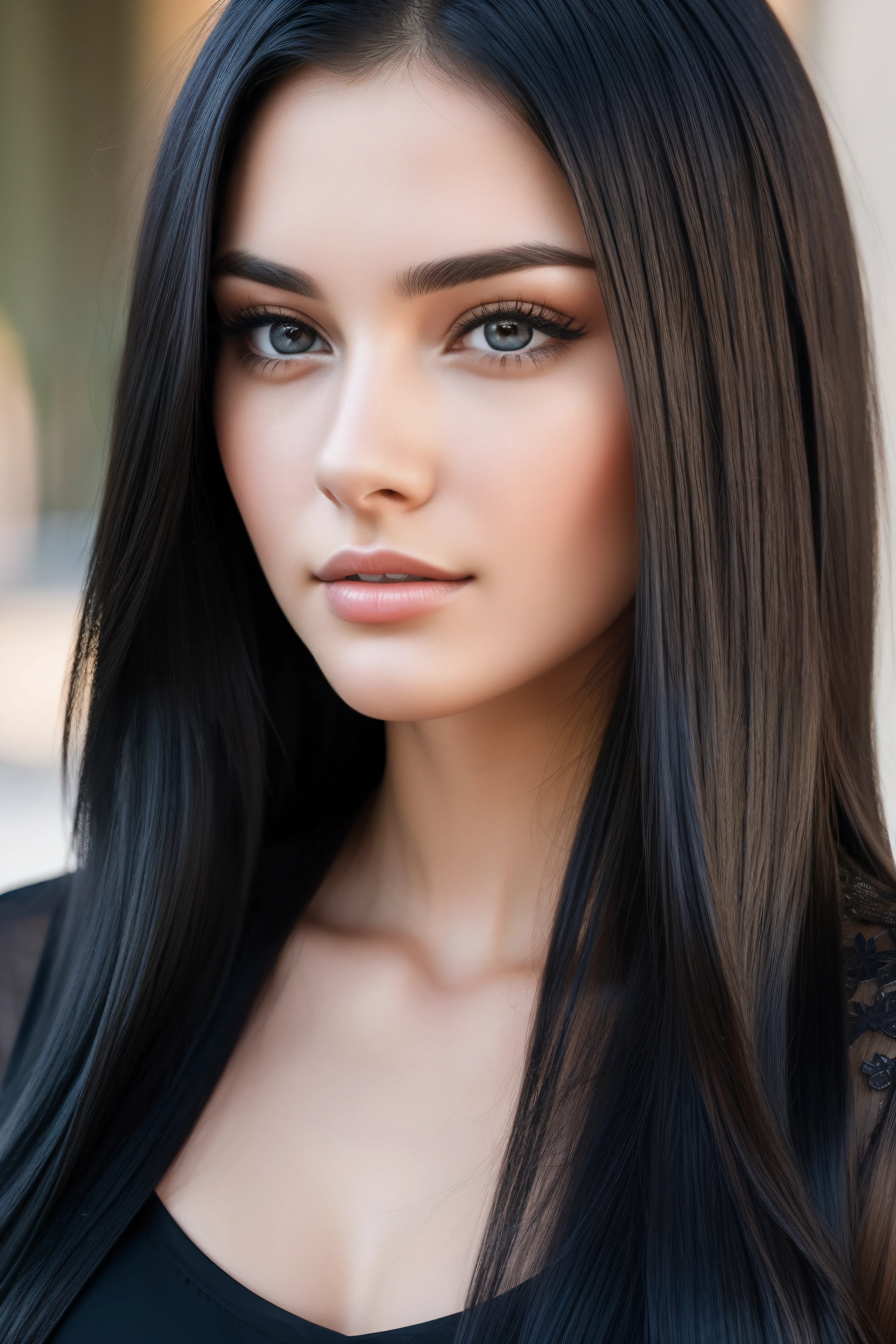 Retrato de de 25 anos, cabelo preto, russo, rosto bonito, rosto perfeito, ultra realistic