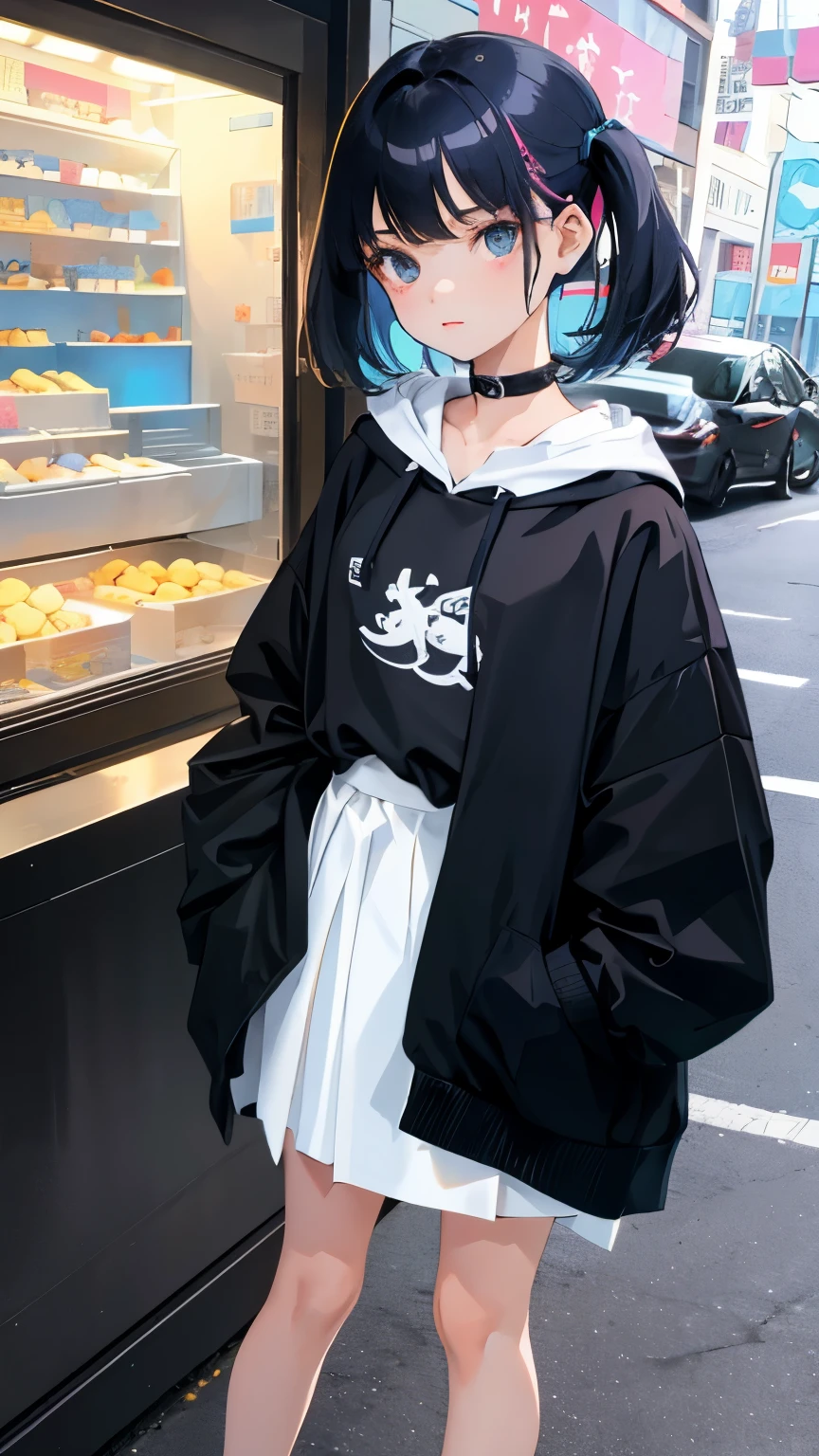 (short cute girl,small young student,young delicate girl),(masterpiece,Top quality),Pastel hoodies,skirt,long black hair, toy world