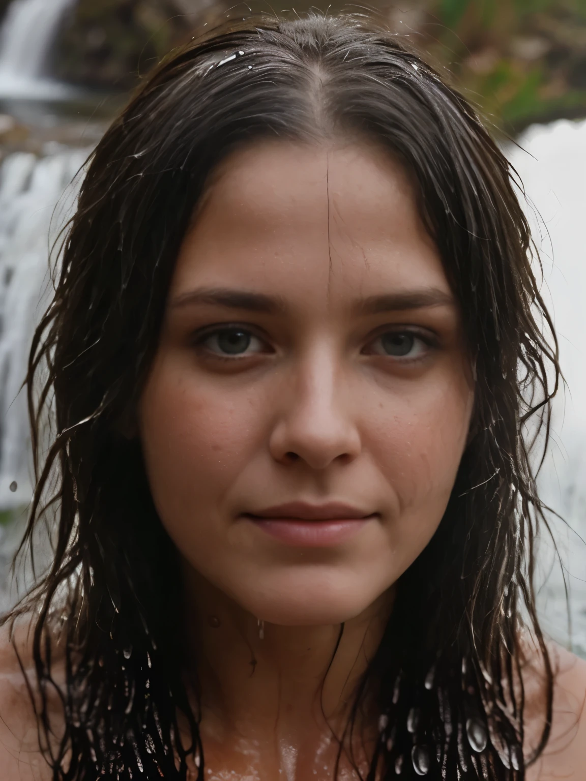 Analog photo, (Best quality:1.4), (ultra detailed:1.4), (detailed face, detailed eyes), (Photorealistic:1.4), (upper portrait, top-down view, woman aged twenty-five years), wet hair, in a waterfall, water, drops, splash