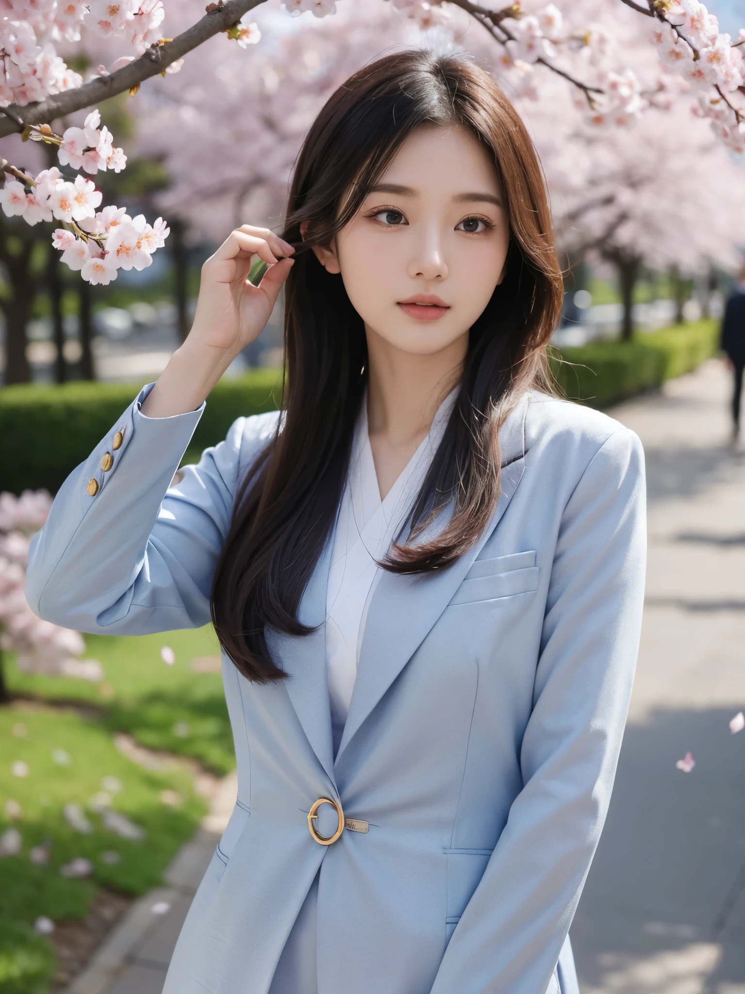 ((highest quality)), ((masterpiece)), (詳New), perfect face、ladies pant suits、graduation ceremony、Cherry blossoms are falling in the background、first time々New from the waist up