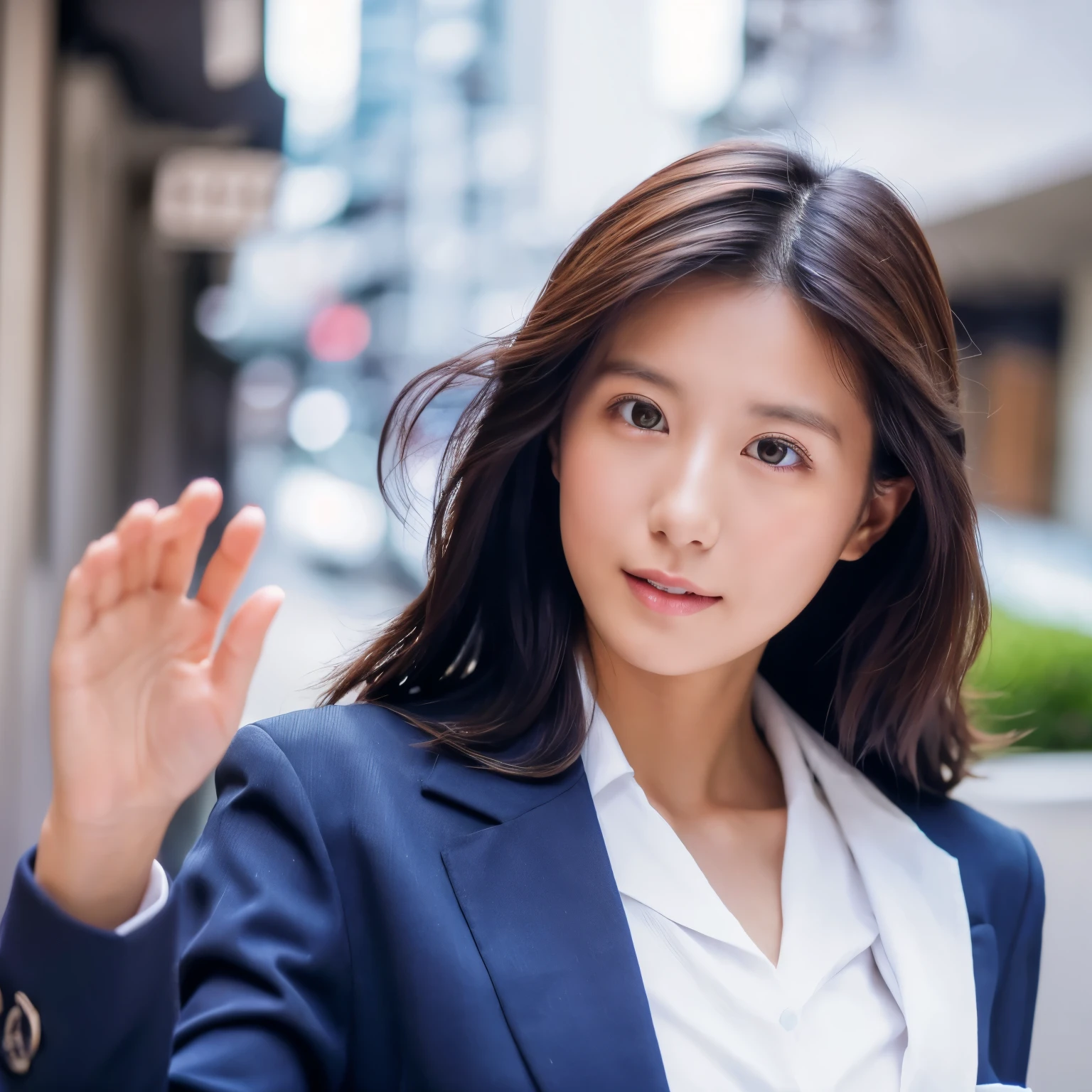 realistic, Raw photo, highest quality: 1.4), Japan, beautiful face, (realistic face), (medium hair:1.3), realistic eyes, beautiful eyes, (real skin), beautiful skin, Charm, Ultra High resolution, surreal, High resolution, Beautiful Japan Woman, Navy suit, open jacket, office lady, suit, pants, white inner,office Street, detailed face, medium long hair, Loosening perm, soft smile,D cup bust,waving,30 years old