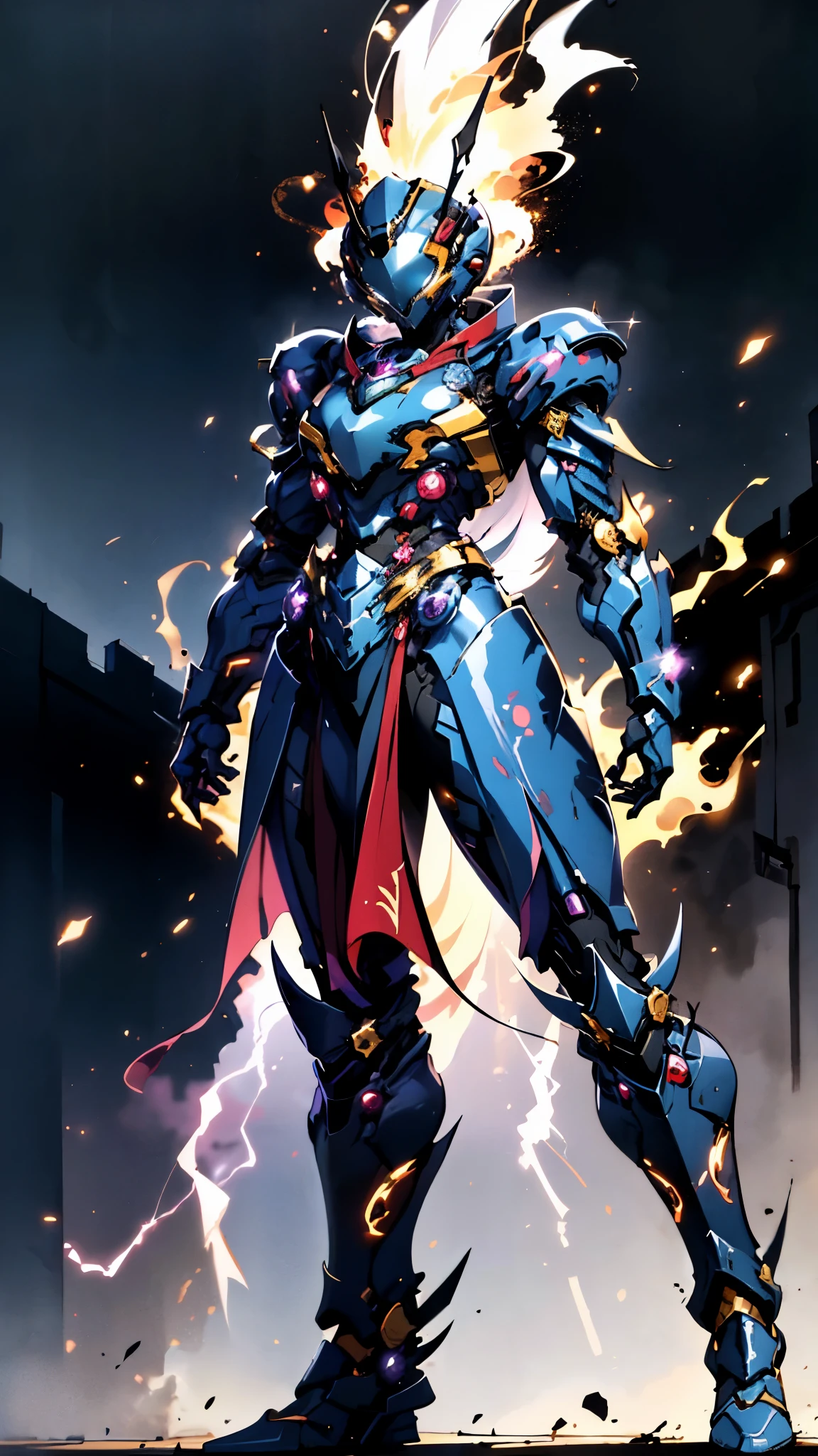 A woman adorned in fantasy-style full-body armor, a crown-concept fully enclosed helmet that unveils only her eyes, a composite layered chest plate, fully encompassing shoulder and hand guards, a lightweight waist armor, form-fitting shin guards, the overall design is heavy-duty yet flexible, ((the armor gleams with a golden glow, complemented by red and blue accents)), exhibiting a noble aura, she floats above a fantasy-surreal high-tech city, this character embodies a finely crafted fantasy-surreal style armored hero in anime style, exquisite and mature manga art style, (Queen bee mixed with Spider concept Armor, plasma, blood), ((Element, energy, elegant, goddess, femminine:1.5)), metallic, high definition, best quality, highres, ultra-detailed, ultra-fine painting, extremely delicate, professional, anatomically correct, symmetrical face, extremely detailed eyes and face, high quality eyes, creativity, RAW photo, UHD, 32k, Natural light, cinematic lighting, masterpiece-anatomy-perfect, masterpiece:1.5