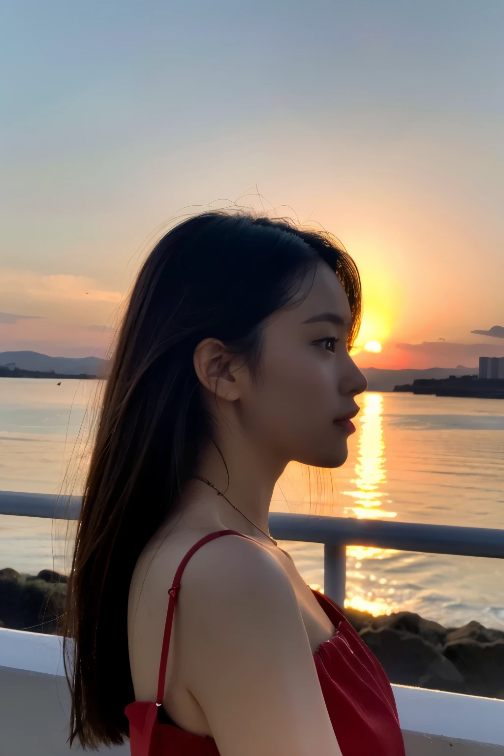 ((highest quality)), ((masterpiece)), (be familiar with), beautiful sunset view,Close-up of the profile of a young Japanese woman,The background is the sunset,icon,