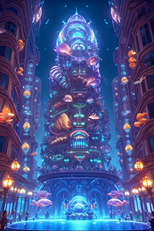 fantasy concept art, a transparent building as a huge aquarium containing fish at night, pretty lights decorations, wide shot, 8k octane render, photorealistic, epic shot, cinematic lighting, detailed building, detailed fish