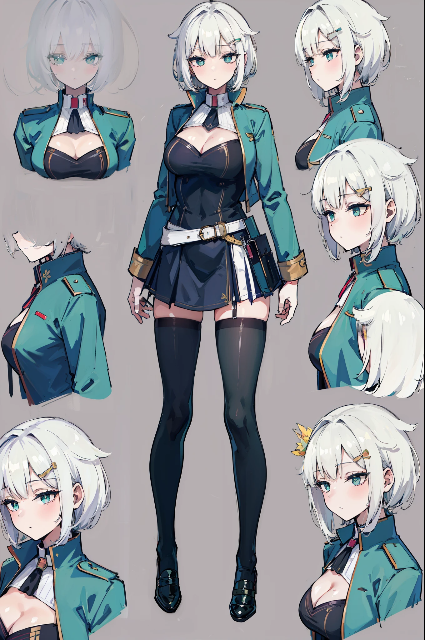 character sheet, (masterpiece, best quality:1.2), illustration, 8k, hd, solo, 1girl, short hair, white hair, green eyes, green blazer, black skirt, hair ornaments, reference sheet, model sheet, black thigh-highs, loafers, medium breasts,