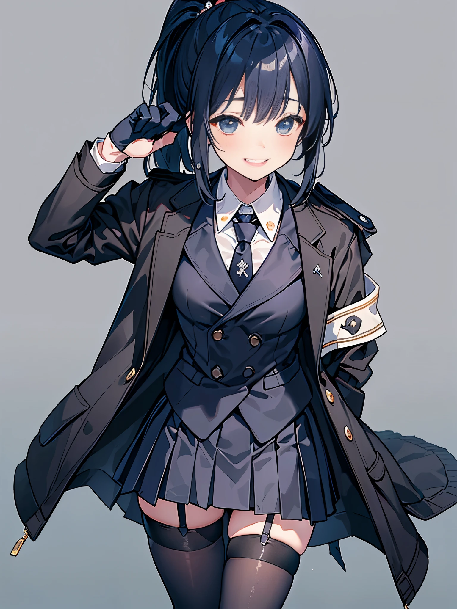 masterpiece:1.3、 8K、very detailed、intricate details、ultra high resolution:1.3、1 female、solo:1.3、whole body、(girls front line style、high ponytail、 dark blue hair、first round、suit、tie、coat:1.3、Jacket_Haori、skirt、tights:1.3、see through stockings:1.3、wetている_gloves:1.3、smile)、Stuffy、wet、erotic、sexy、(gray background:1.3)