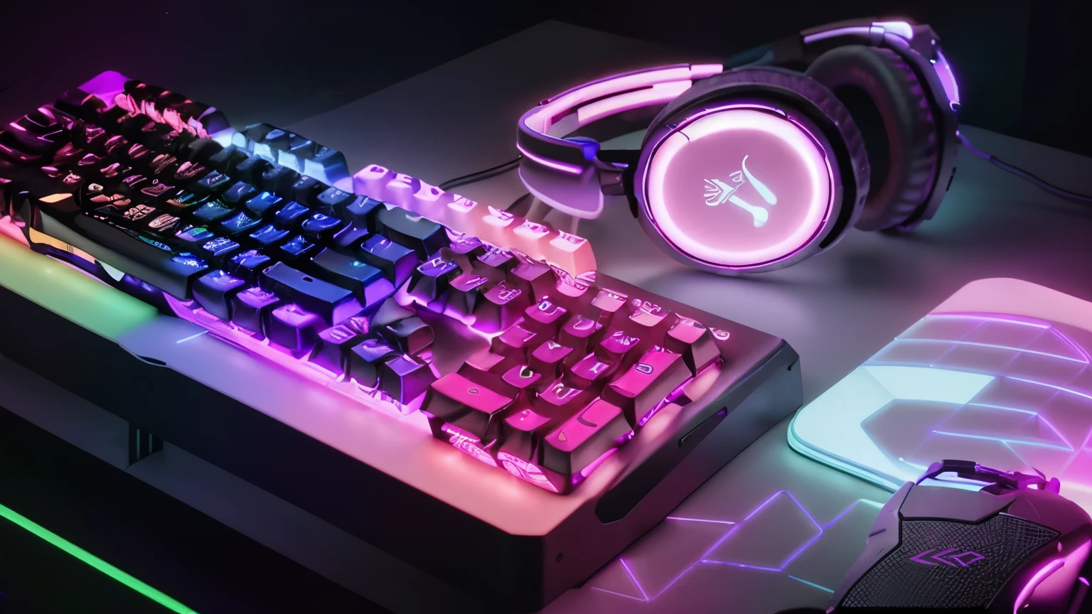 there is a keyboard and mouse on a table with a headphone, small neon keyboard, ultraviolet and neon colors, neon scales and cyborg tech, rgb keyboard, purple and cyan lighting, gamers keyboard, cyber neon lighting, purple and blue neon, glowing neon, purple neon colours, keyboards, mechanical keyboard, led gaming, neon glowing, cyber neon lights