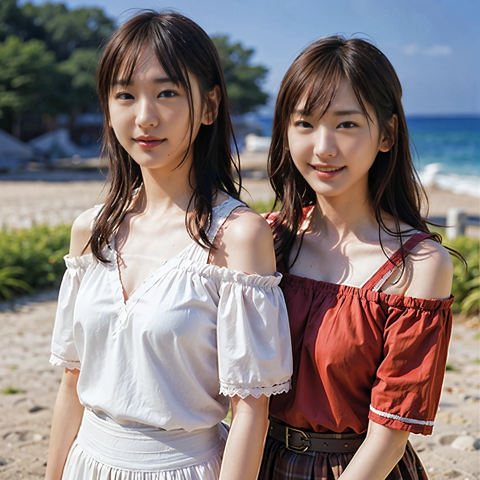 identical twin sisters, (8k, RAW photo, highest quality, masterpiece:1.2), (realistic, photo-realistic:1.4), (Highly detailed CG Unity 8k wallpaper), (blurry_background:1.3), blurry_prospect, depth_of_field, (super detailed), (Best Illustration), (最高of影), ultra high resolution, close up photo, (detailed face:1.4), compensate, beautiful eyes, good looking, long hair, Upper body, (colorful short shirt with off shoulder and lace trim:1.2), cleavage, small breasts, slim, perfect skin, Asian, Are standing, beach, coastal, 手ofひら_wood, water, summer, professional lighting,lalisamanoban