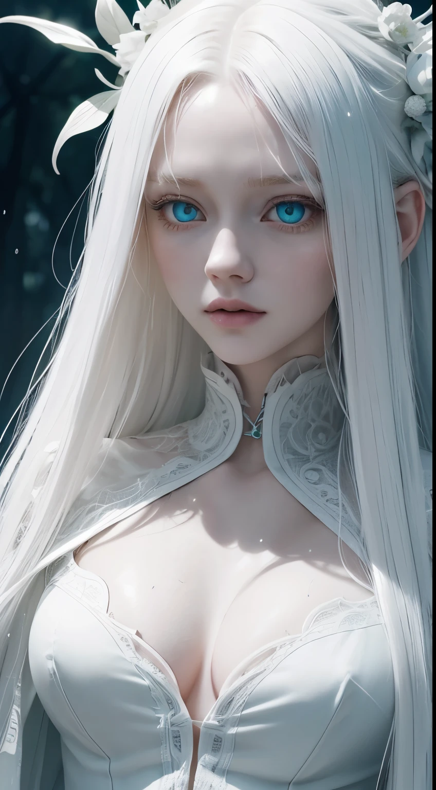  full body shot. a ultra real full body shot photo of 22 years old albino woman, green eyes. Long white hair, mysterious and innocent look, wet hair, blue limbs, Unbuttoned open coat, the background a ultra close up macro details, ultra contrast, of ultra dark decor. Intricate details of her beautiful eyes and perfect face. The most beautiful girl.