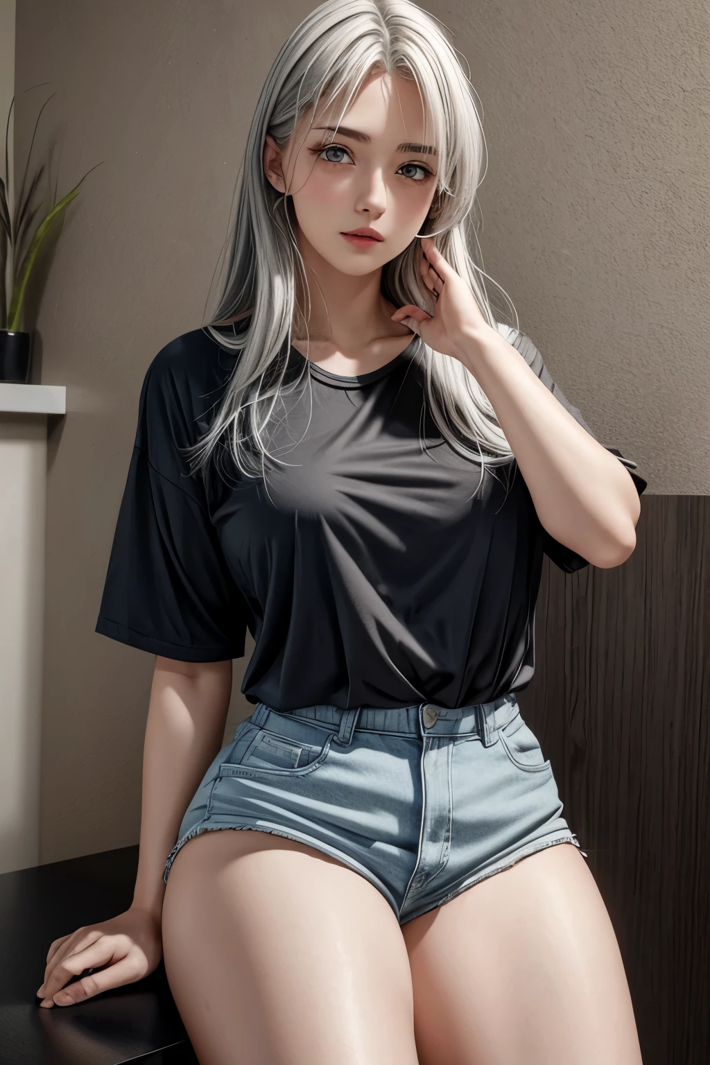 photorealistic, high resolution, 1 girl, white hair, korean, blue eyes, white shirt, skimpy tight black shorts, thick thighs