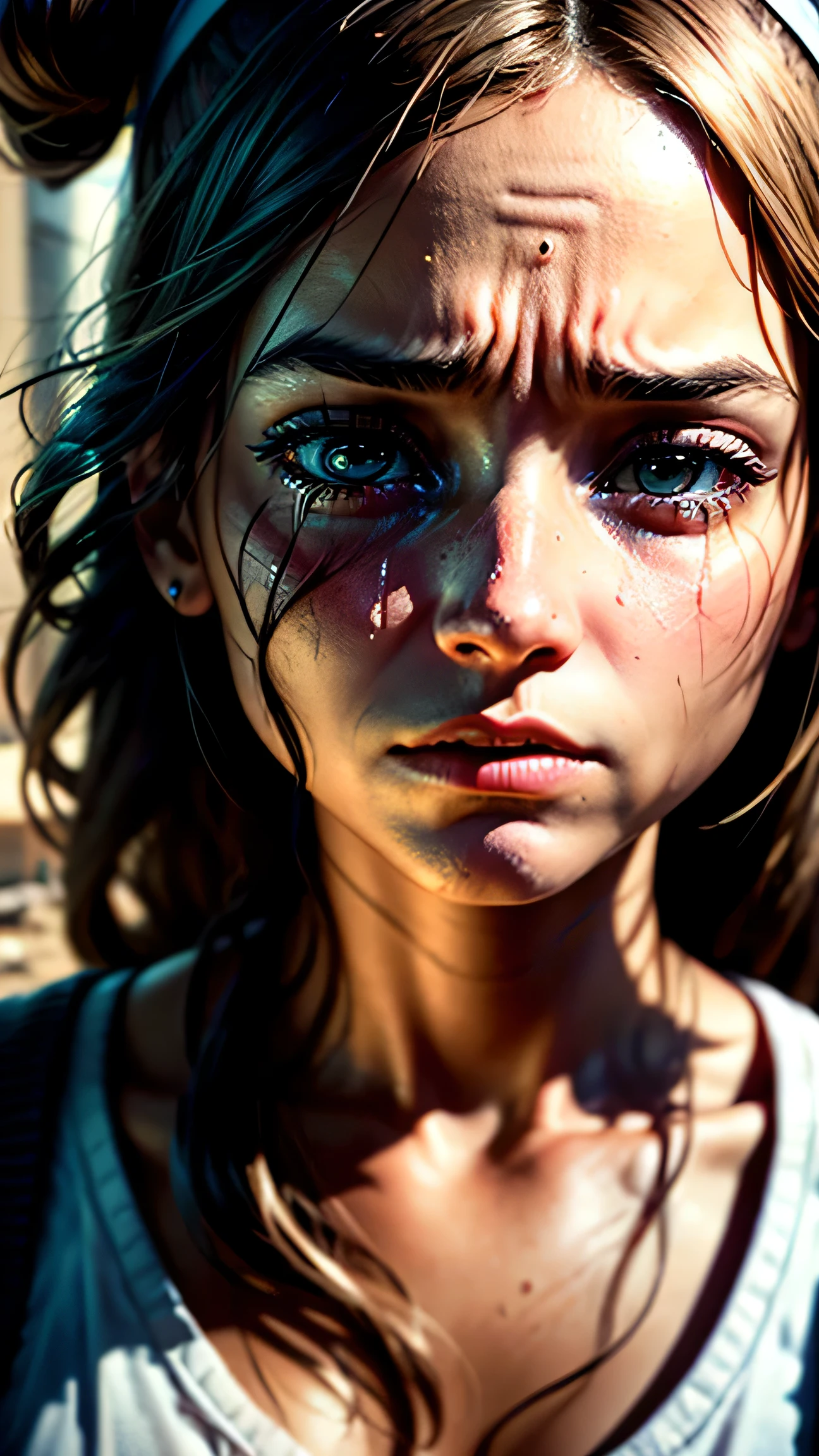 A close up very detailed high quality image of a woman who is facing forward looking directly at her viewers she is a young woman with stringy brown hair she has light skin and her face shows many early onset wrinkles she is showing distress and fear in her face has tears running down her face and dollar signs in her eyes I the background shows a dirty house with dishes and trash messy I kept house background is slightly blurred to focus all the detail and attention on the woman a cinematic vibrant ultra real raw image 3d image CRYING and upset facing foward