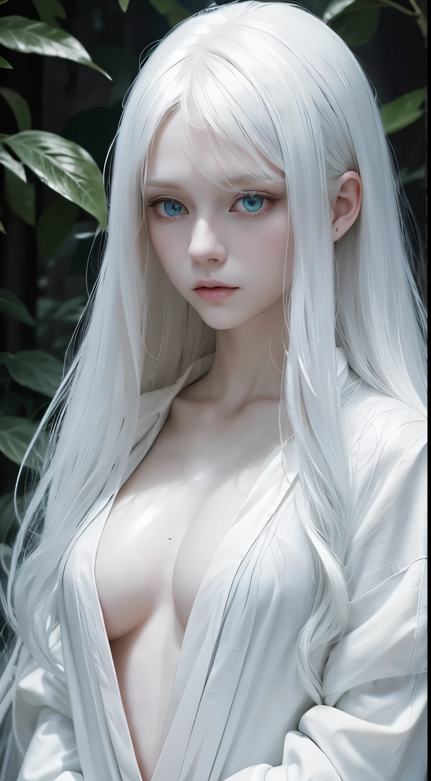 full body shot. a ultra real full body shot photo of 22 years old albino woman, green eyes. Long white hair, mysterious and innocent look, wet hair, blue limbs, Unbuttoned open coat, the background a ultra close up macro details, ultra contrast, of ultra dark decor. Intricate details of her beautiful eyes and perfect face. The most beautiful girl.