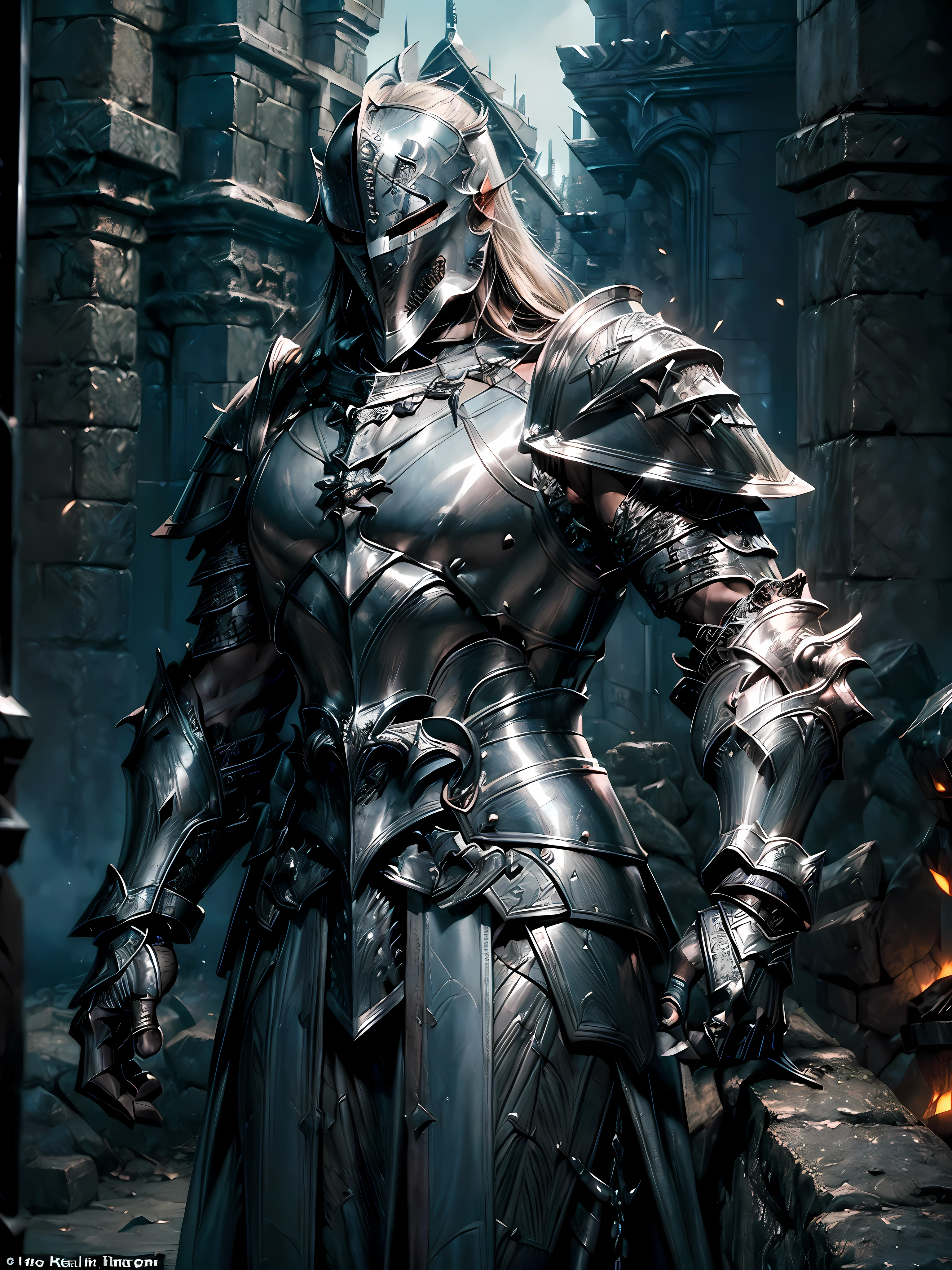 (((Epic and visually stunning digital anime upper body portrait, which depicts a male sylph-like male knight, dressed in full steel knight armor.:1.2))), ((( Huge muscular body:1.5, closed metal angel helmet:1.5))), (((character decorated (in gothic plate armor with black spikes, covering the spine.) (over a tight suit with armor, but very sleek and revealing under a suit with cutouts at the waist), the armor on the arms and shoulders is beautifully engraved))):1.4. The image shows the intricacies of the character's armor and clothing., ((reflecting their vibrant essence and heavy dark fantasy aesthetic.:1.2)). The character also has masculine charm., (((with a highly muscular physique:1.2, Sylph with smooth waist, Tinted, but beautifully smooth sleeves with metal coating:1.3, Dungeon & Dragon Character:1.3))), I look at the viewer