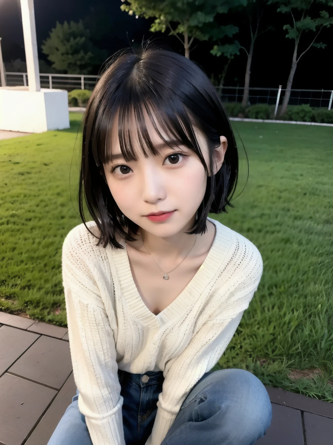 Best quality,raw photo , 19 years old Japanese female idol, face closeup ,from above ,looking up,look at viewer,arched back , Spread legs,v-neck sweater ,boyfriend jeans,Short hair, bowl cut ,cute face ,edgy ,wet ,selfie, rain,night, park