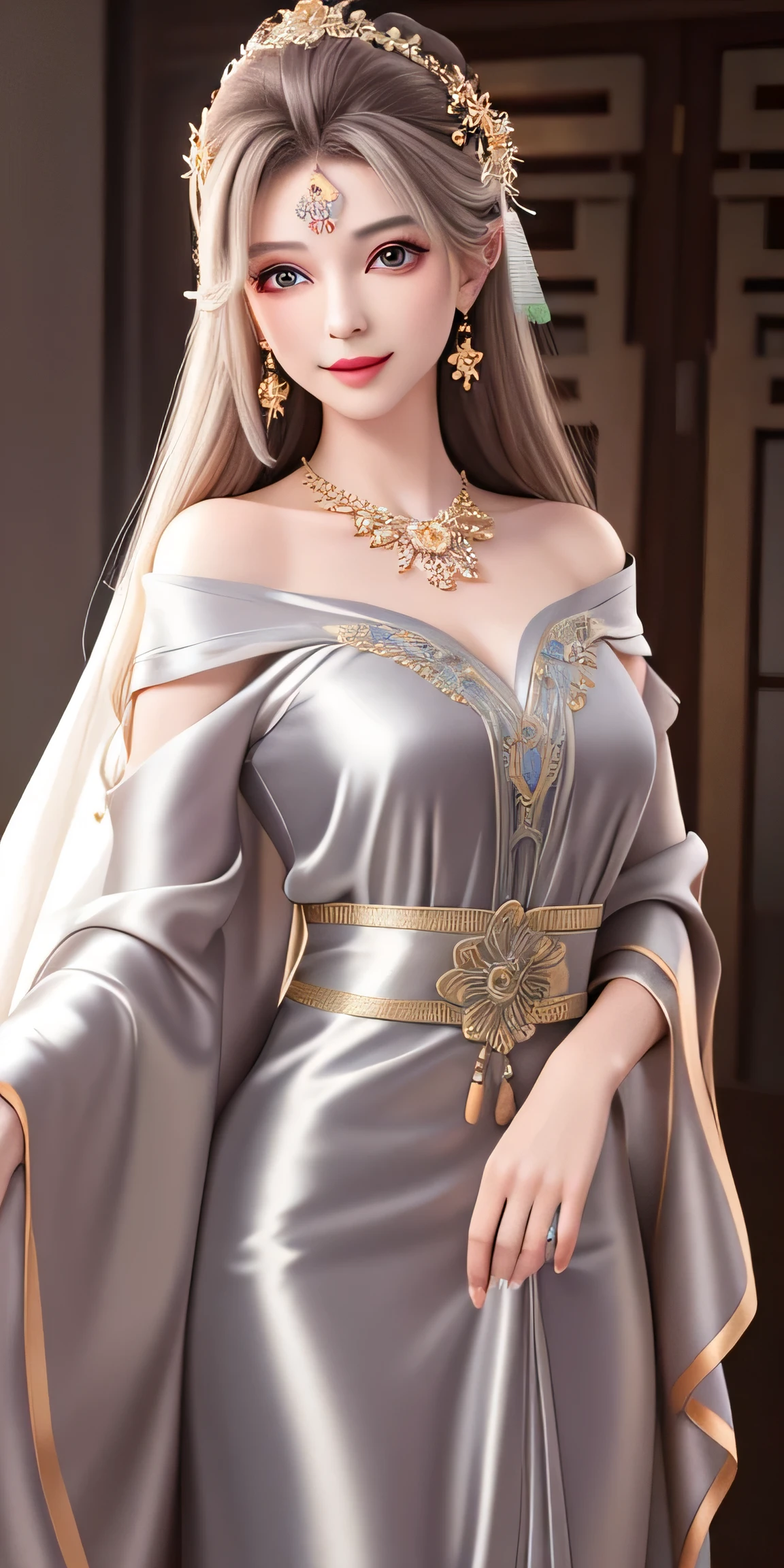 best quality, masterpiece, highres, 1girl, transparent silk china dress, beautiful face, hair ornament, looking at viewer, smile, closed mouth,lips, dress,hair ornament, necklace, jewelry, long hair, earrings, Beautiful face,upon_body, tyndall effect,photorealistic, dark studio, rim lighting, two tone lighting,(high detailed skin:1.2), 8k uhd, dslr, soft lighting, high quality, volumetric lighting, candid, Photograph, high resolution, 4k, 8k, Bokeh photo-realistic, 8k, highly detailed, full length frame, High detail RAW color art, diffused soft lighting, shallow depth of field, sharp focus, hyperrealism, cinematic lighting, a woman in a beautifully makeup, eyeshadow, beautiful big eyes, long eye lashes, wearing (Gray satin), loosely tide, ((Taupe satin kaftan))