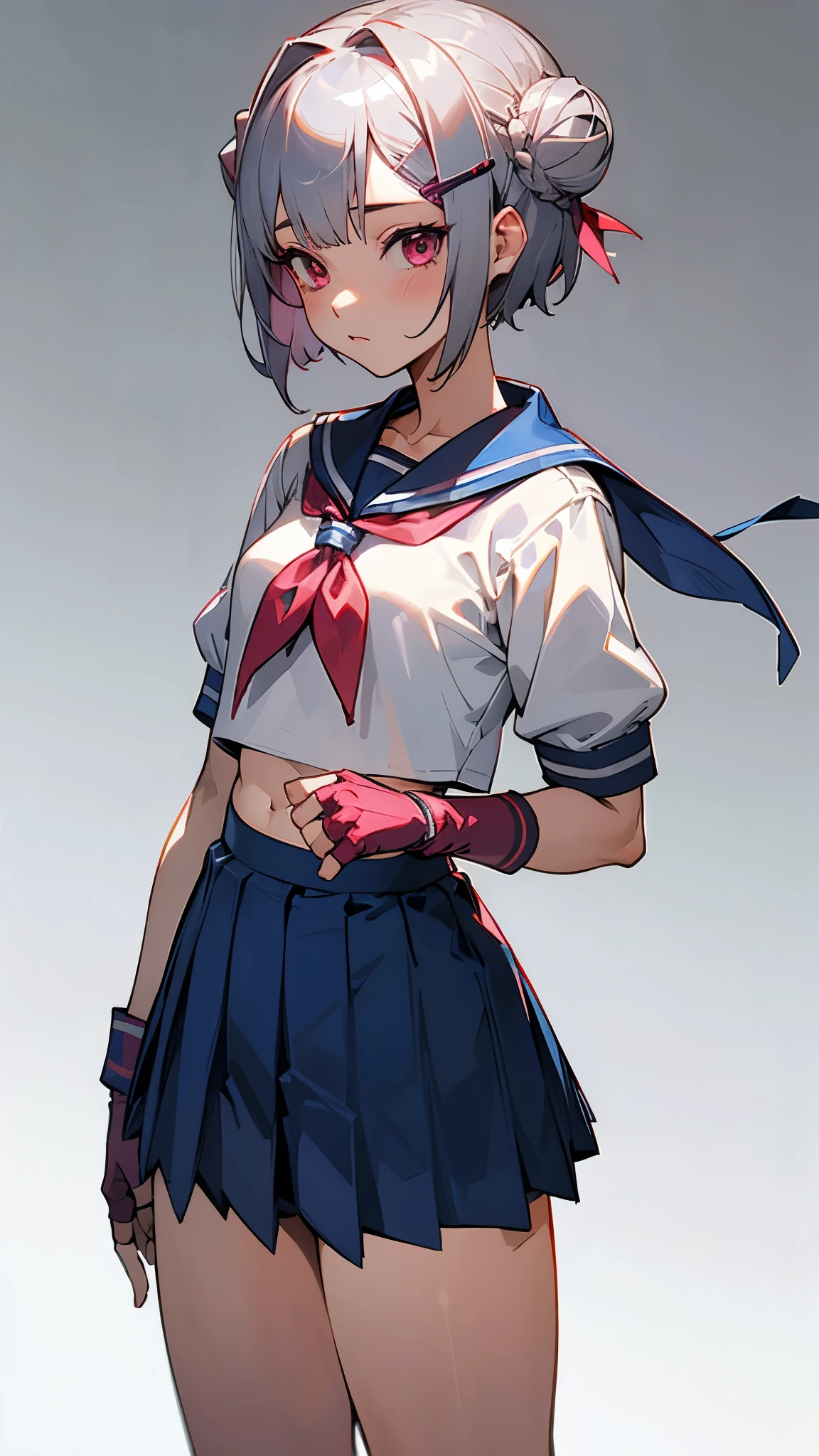 1 girl、Silver short bob hair clip tied into a bun、pink eyes、small breasts、uniform、crop top、red neckerchief、blue skirt、fingerless gloves、thighs、Ilcha、standing position、cowboy shot