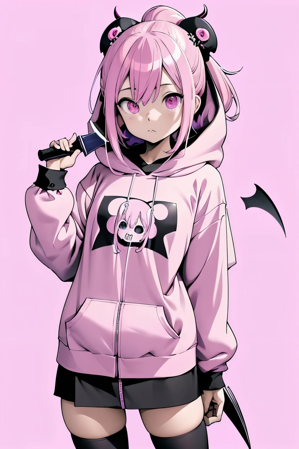 Anime girl in a hoodie with pink hair and a knife, terrible anime 8k, Best Anime 4K Kona-chan Wallpaper, anime style 4k, anime skull portrait woman, zerochan art, anime art wallpaper 4k, anime art wallpaper 4k, detailed fan art, anime art wallpaper 8k, demon slayer louis fan art, epic anime style