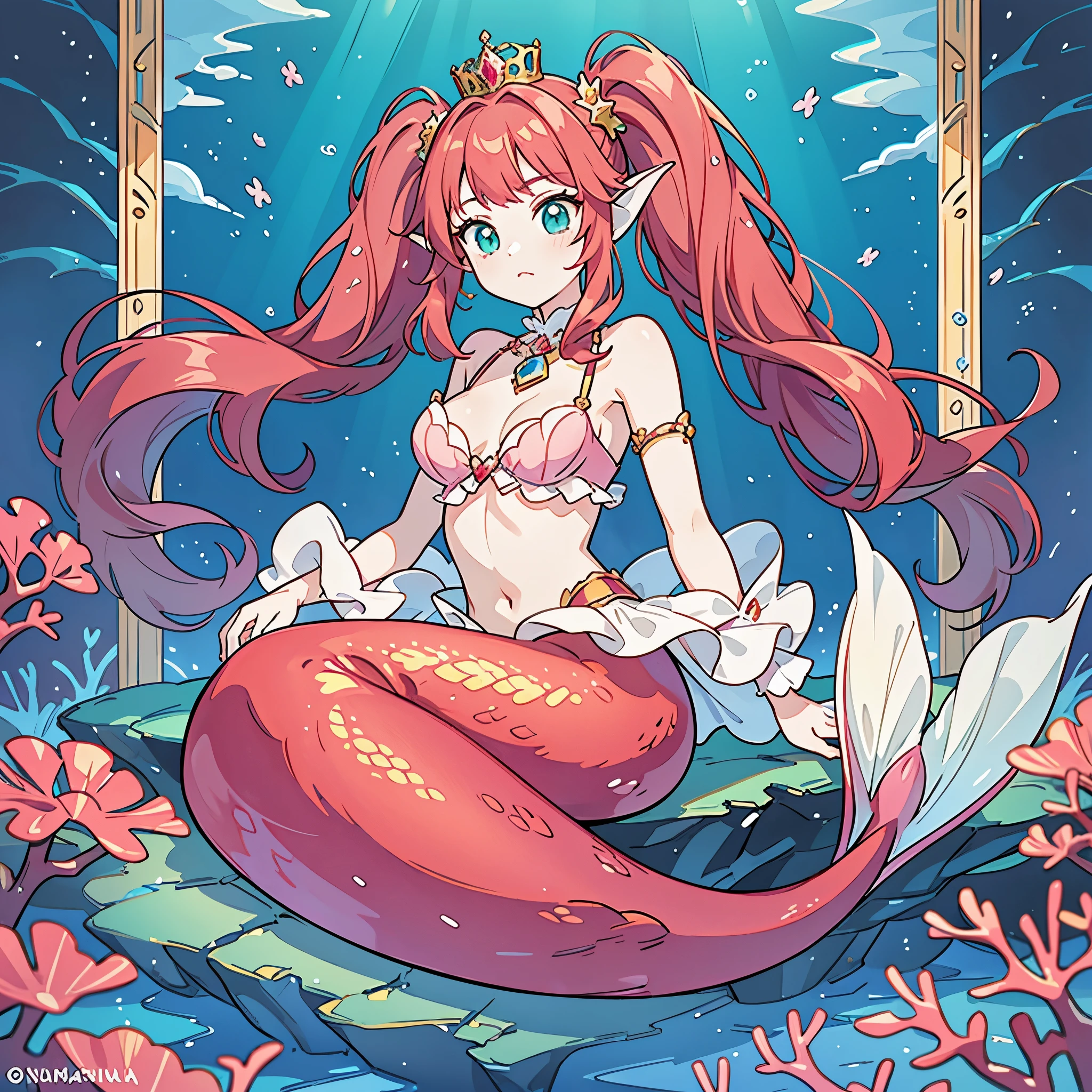 The prompt for the given theme is: "A pretty 15-year-old princess magically transformed into a beautiful mermaid, with a race swap. She has a fish-like appearance, including a long red mermaid tail below her waistline and fins as ears. The artwork should be drawn in an anime style, with the princess having very long pigtails of red hair. Best quality, 4k, highres, masterpiece:1.2, ultra-detailed, realistic:1.37 Medium: Anime Additional details: Sparkling ocean waves, colorful coral reefs, a golden crown adorning the princess's head, red scales shimmering under sunlight, a bra made of seashells, and a mesmerizing underwater castle in the background. Artistic style: Fantasy, Fantasy-Art, Portraits Color palette: Vibrant and iridescent colors, with shades of red, green, and pink. Lighting: Soft and gentle underwater illumination, creating a magical and ethereal ambiance." Please make sure to adhere to the prompt format and include at least 5 detailed elements related to the theme.