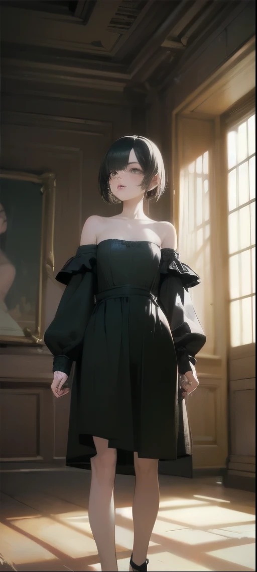 Best Quality, Masterpiece, Ultra High Resolution, (Realisticity: 1.4), Original Photo, 1girl, green Off-the-Shoulder, Cinematic Lighting