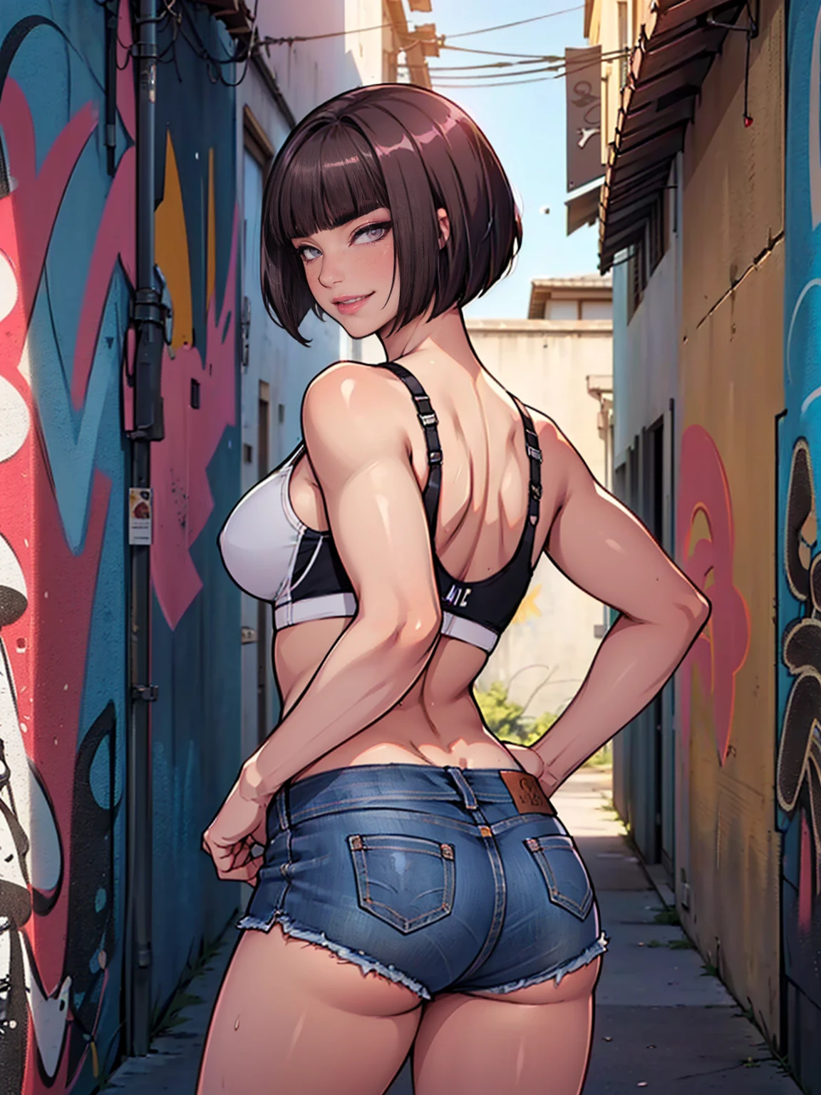 ((back, Hands on hips, big ass, from behind, shiny eyes, 1girl, milf, standing, sexy pose, ((Itsuki Shima, mature female, (cowboy shot:1.2), short hair, brown hair, bob cut, brown eyes, looking at viewer, perfect body, perfect eyes, anime eyes, eyeshadow, perfect face, (blush, smirking:1.1), sharp focus, professional artwork, intricate details)), ((pink lipstick, Extremely detailed, ambient soft lighting, 4k, perfect eyes, a perfect face, perfect lighting, a 1girl)) austere, ((malicious, (sports bra), jeans, short shorts, unbuttoned shorts)), night sky, clouds, , lots of , (graffiti alley, graffiti walls, in an alley, night, moonlight, starry night)