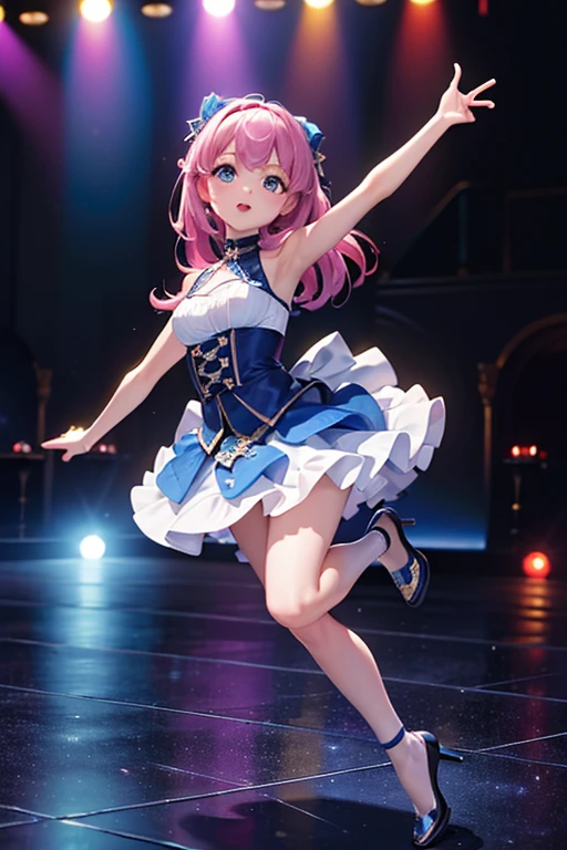 (masterpiece, highest quality:1.3), (16k, High resolution:1.3),dance floor,dancing girl,Colorful glowing square tiles with rounded corners are spread on the floor.。The spotlight is on