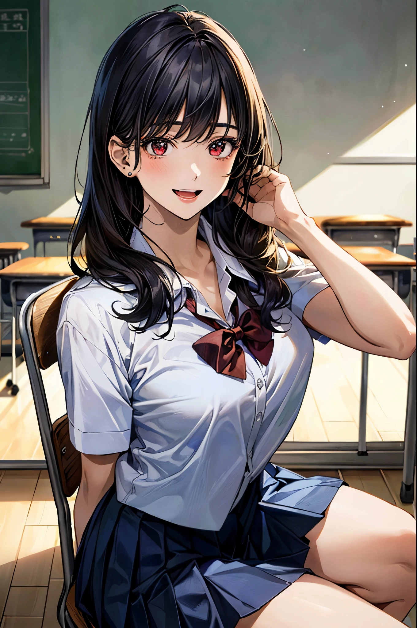 (masterpiece:1.2, top-quality), (realistic, photorealistic:1.4), beautiful illustration, (natural side lighting, movie lighting), 
looking at viewer, (extreme close-up, from side), 1 girl, japanese, high school girl, perfect face, (perfect anatomy), cute and symmetrical face, shiny skin, 
(middle hair, straight hair, black hair), asymmetrical bangs, dark red eyes, long eye lasher, (medium breasts, seductive thighs, big ass), 
beautiful hair, beautiful face, beautiful detailed eyes, beautiful clavicle, beautiful body, beautiful chest, beautiful thigh, beautiful legs, 
((insanely detailed clothes, white collared shirt, navy pleated skirt, dark red bow tie)), 
(beautiful scenery), depth of field, evening, (school classroom, during class, sitting school chair, hands up, elbows on school desk), (happy smile, upper eyes, open mouth),