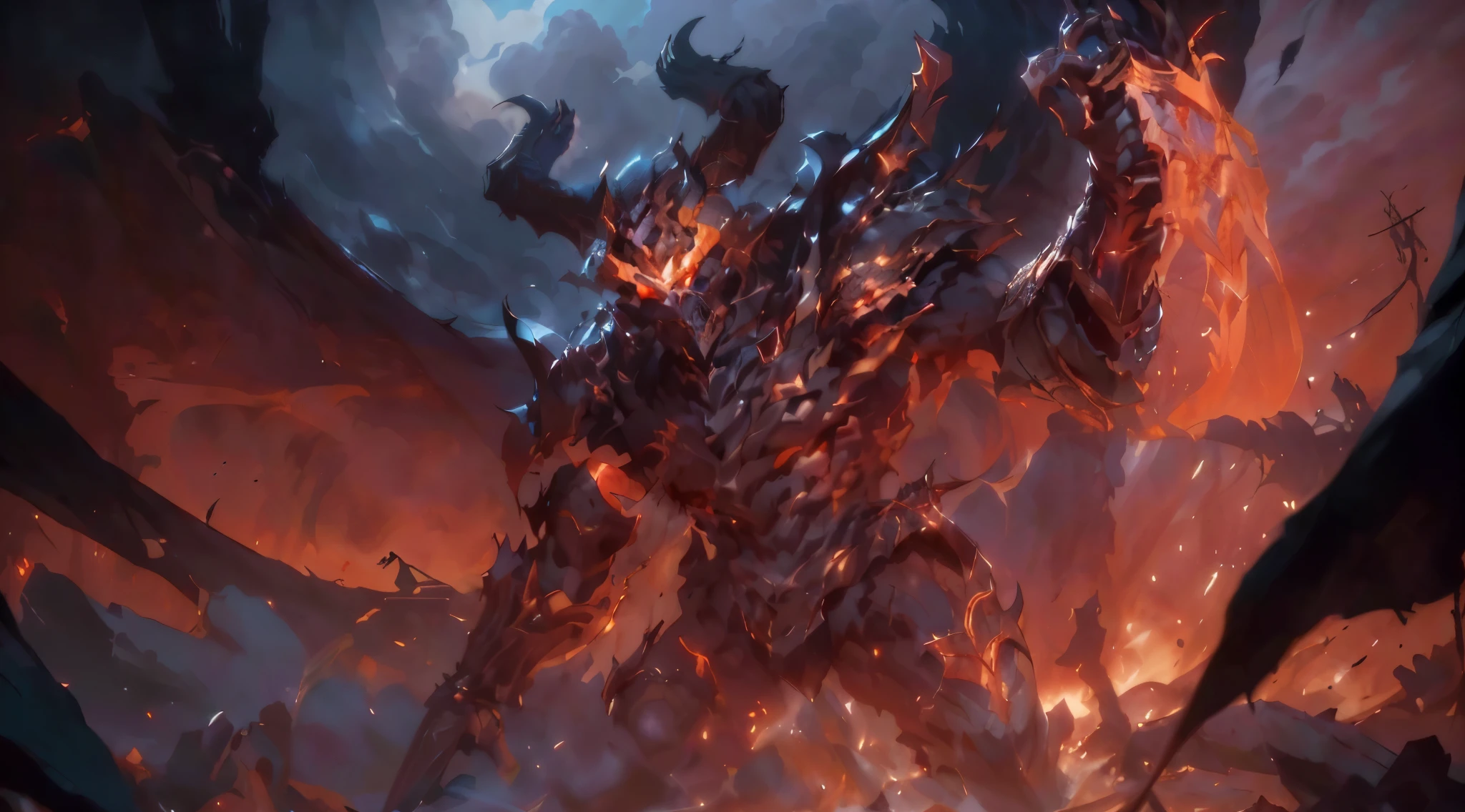 Close-up of a demonic creature holding a sword in his hand, Riot Games Concept Art, muscled humanoid Balrog demon, Portrait of Mordekaiser,Official splash art, Balrog, Balrog concept art, League of legends splash art, heroes of the storm splash art, Zgok. 8K HD resolution