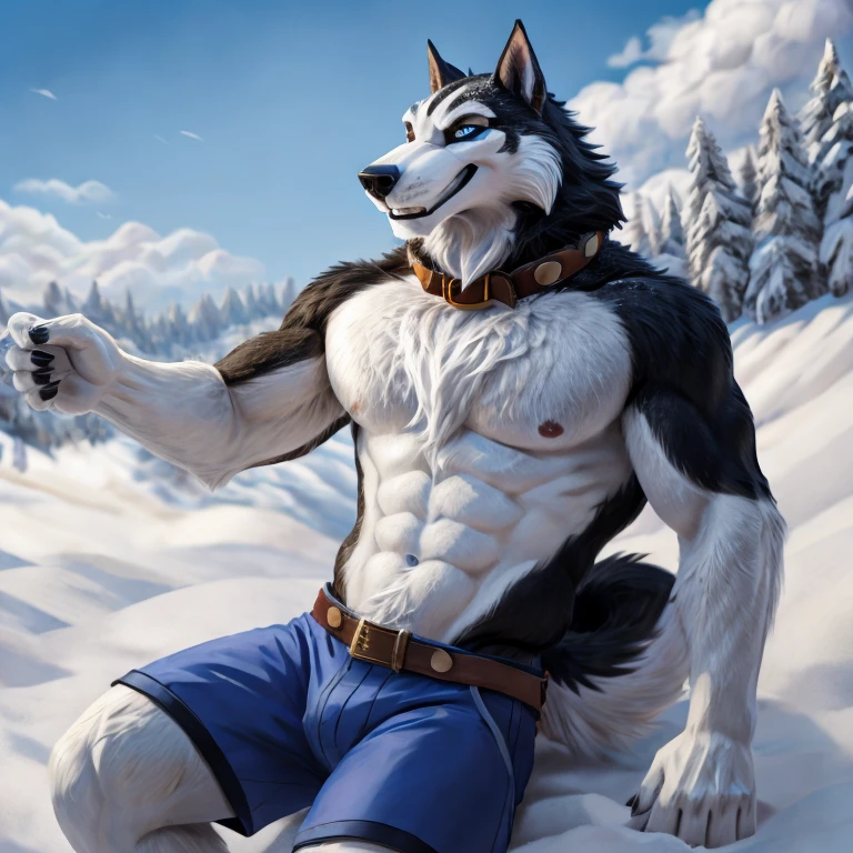 Steele (Balto),dog,canine,Alaskan Malamute,male,aldult,alone,4K,best quality,best quality,looking at the audience,lie著,lie下,lie,lie在Snow上,hairy body,Topless,not wearing clothes,bare chest,white chest fur,furry tail,chest muscles,chest muscles粉红乳头,Six-pack abs,anatomically correct,Delicate fur,pride,soft shadow,Majestic detailed face,High quality eyes,blue pupils,black eyes,Sharp eyes,,Grandiose,brave,Confident smile,Strong,mature,collar,Blue shorts,sash,Snow,snowfield,snow mountain,Blue sky and white clouds