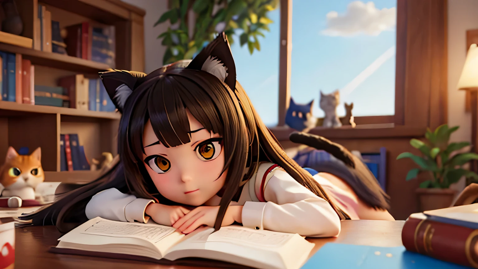 anime girl with a book and a cat, relaxing concept art, cute anime catgirl, anime style 4 k, anime girl with cat ears, guweiz on pixiv artstation, trending on artstation pixiv, guweiz on artstation pixiv, by Shitao, beautiful anime catgirl, anime moe artstyle, brunette hair, brown eyes