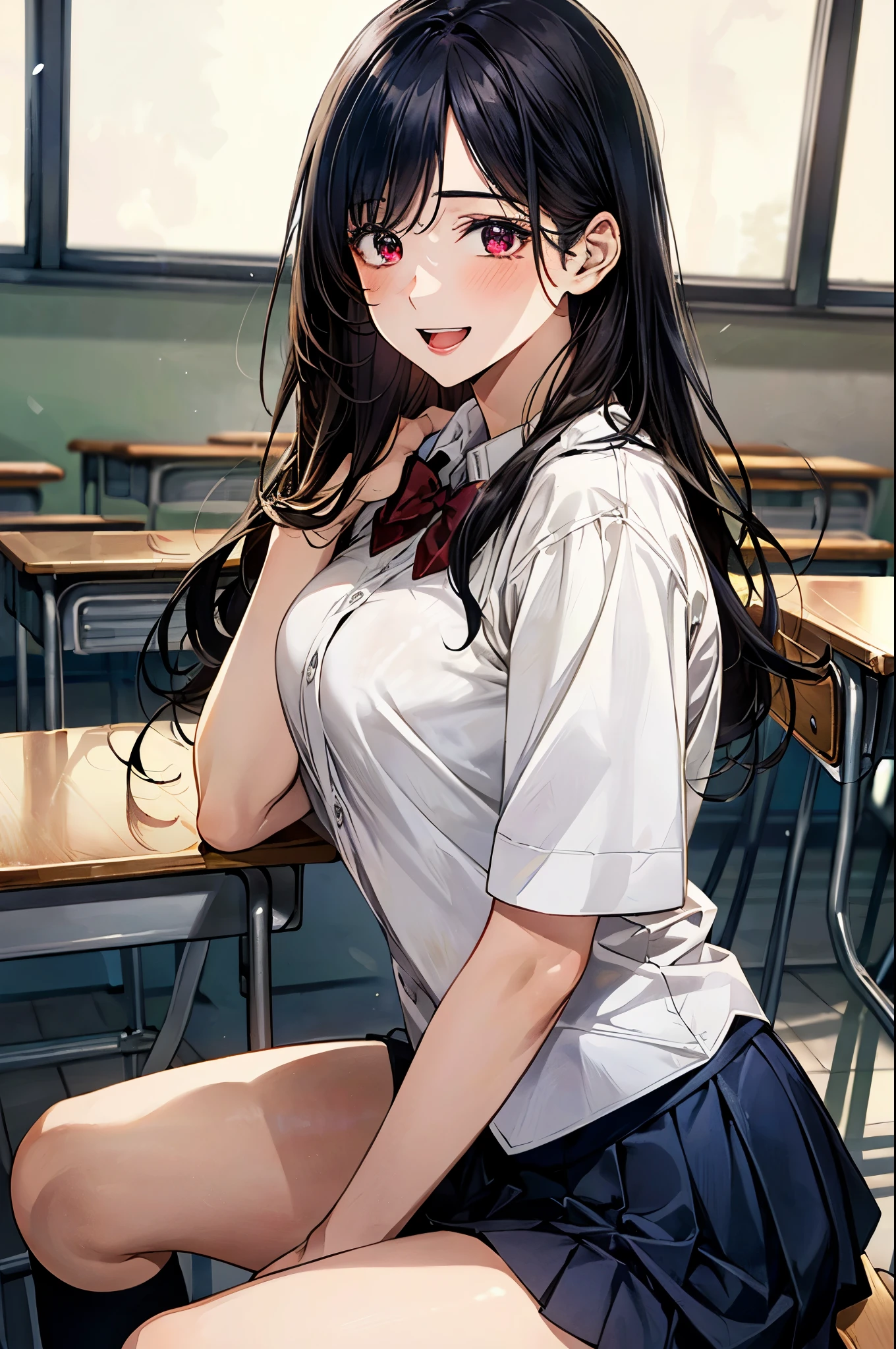 (masterpiece:1.2, top-quality), (realistic, photorealistic:1.4), beautiful illustration, (natural side lighting, movie lighting),
looking at viewer, (extreme close-up, from side), 1 girl, japanese, high school girl, perfect face, (perfect anatomy), cute and symmetrical face, shiny skin,
(middle hair, straight hair, black hair), asymmetrical bangs, dark red eyes, long eye lasher, (medium breasts, seductive thighs, big ass),
beautiful hair, beautiful face, beautiful detailed eyes, beautiful clavicle, beautiful body, beautiful chest, beautiful thigh, beautiful legs,
((insanely detailed clothes, white collared shirt, navy pleated skirt, dark red bow tie)),
(beautiful scenery), depth of field, evening, (school classroom, during class, sitting school chair, hands up, elbows on school desk), (happy smile, upper eyes, open mouth),