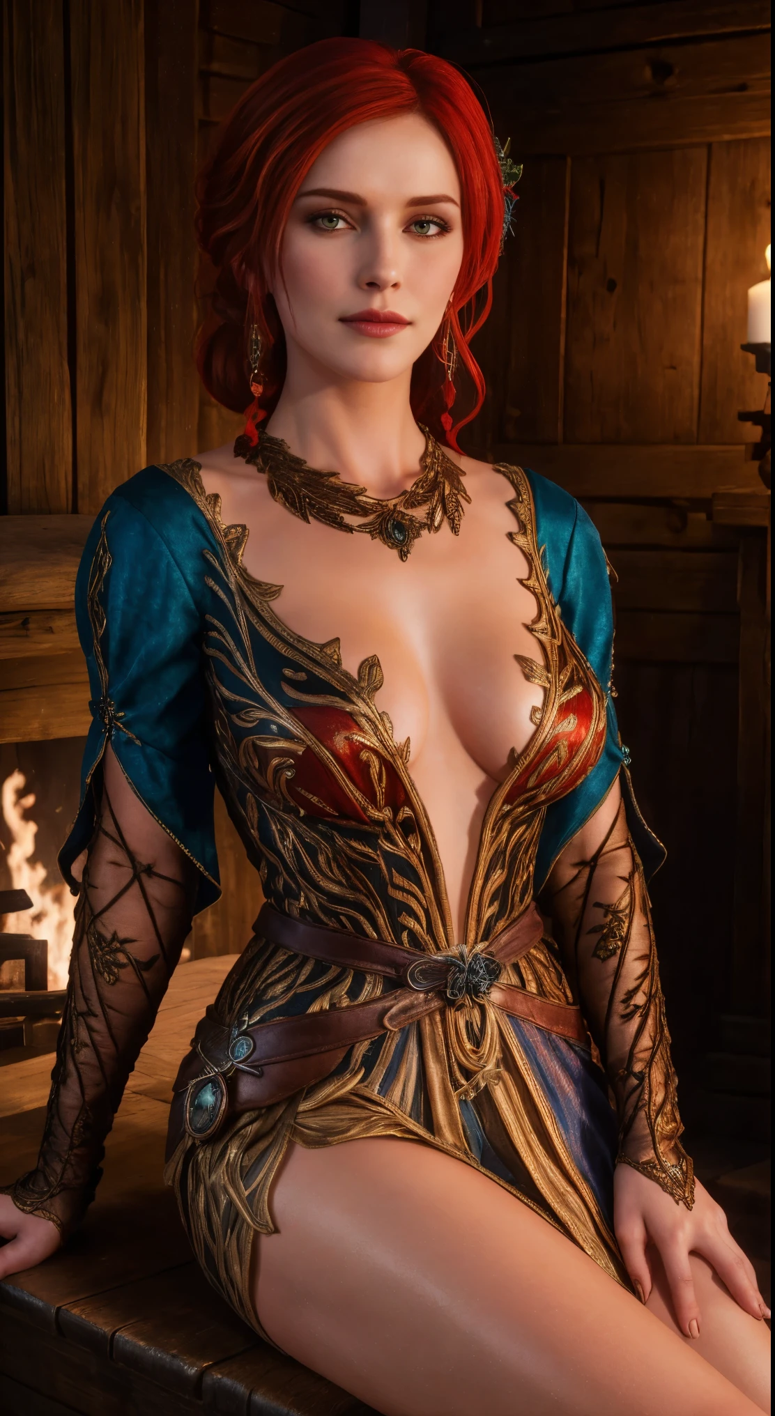 Masterpiece, Triss Merigold, high detail plunging witch dress, intricately detailed background, (UHD, 8K wallpaper, High resolution), Cinematic lighting, award-winning, extremely detailed skin, extra detailed face, high detail eyes, photo-realistic, Zeiss 85 mm F/1.4, by Ellen von Unwerth, Triss Merigold, hot look , sitting on soffa, sexy red dress 