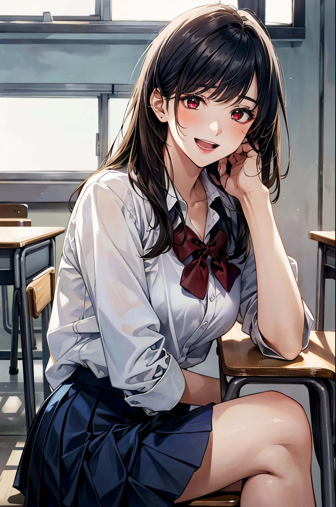 (masterpiece:1.3, top-quality, ultra high res, ultra detailed), (realistic, photorealistic:1.4), beautiful illustration, perfect lighting, natural lighting, colorful, depth of fields,
beautiful detailed hair, beautiful detailed face, beautiful detailed eyes, beautiful clavicle, beautiful body, beautiful chest, beautiful thigh, beautiful legs, beautiful fingers,
looking at viewer, (face focus, upper body), 1 girl, japanese, sculpture model, perfect face, (perfect anatomy, anatomically correct), cute and symmetrical face, babyface, , shiny skin,
(long hair:1.7, straight hair:1.0, rosy brown hair), swept bangs, gold eyes, big eyes, slant eyes, long eye lasher, fang, (medium breasts:1.6, tight butt, seductive thighs), slender,
((black blazer, (shocking pink knit vest,) collared white shirt, black pleated skirt, red tie)), black school socks,
(beautiful scenery), morning, (classroom, chalkboard, window, ceiling light, curtains), sitting school desk, (hand in own hair), (seductive smile, open mouth small),