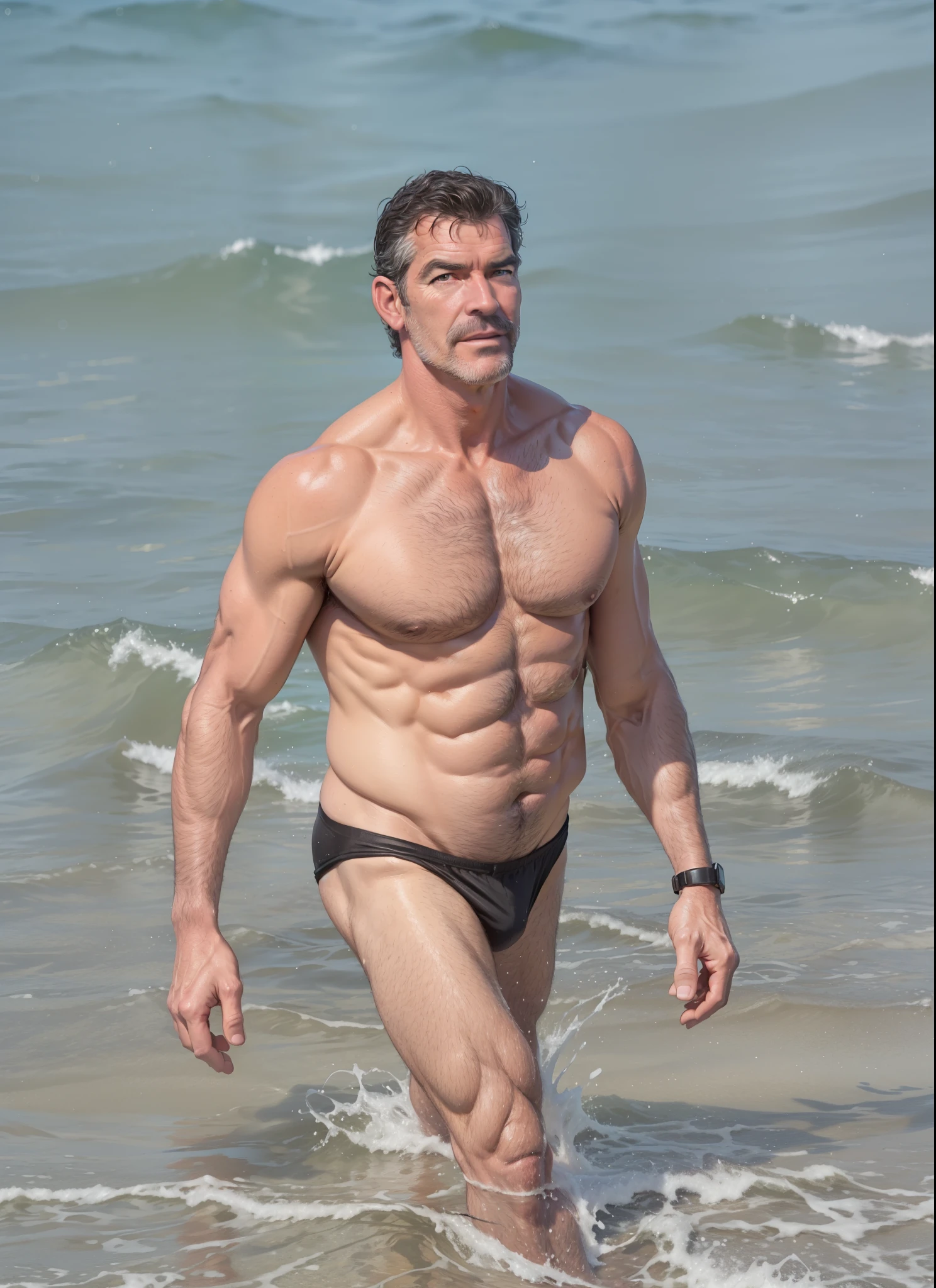 araffe man in a black swimsuit walking in the water, pierce brosnan, 5 5 yo, 4 5 yo, pierce brosnan as james bond, jock, fullbody of standing tom selleck, 5 0 years old man, dad bod, jeremy clarkson, hot daddy, stephen conroy, mature male, 45 years old men, older male
