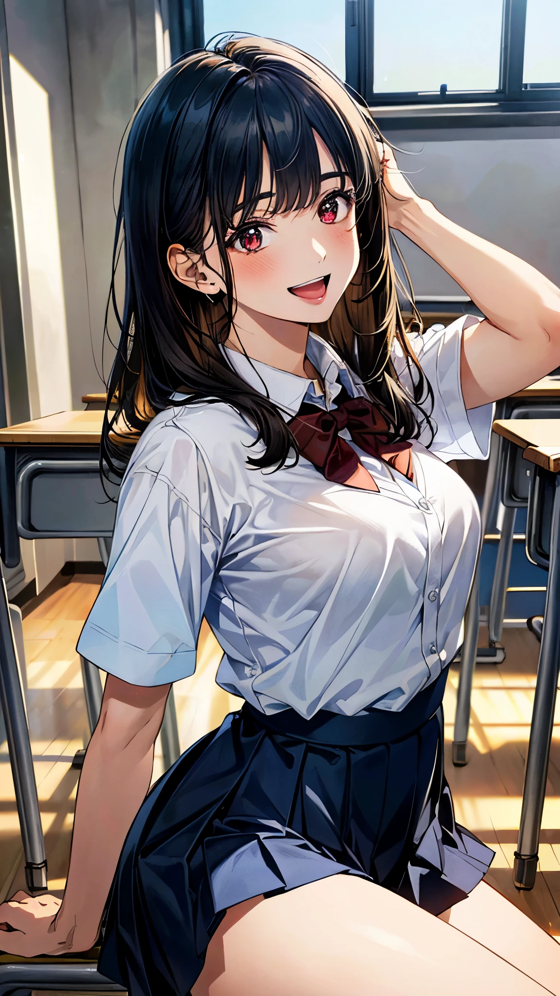 (masterpiece:1.2, top-quality), (realistic, photorealistic:1.4), beautiful illustration, (natural side lighting, movie lighting),
looking at viewer, (extreme close-up, from side), 1 girl, japanese, high school girl, perfect face, (perfect anatomy), cute and symmetrical face, shiny skin,
(middle hair, straight hair, black hair), asymmetrical bangs, dark red eyes, long eye lasher, (medium breasts, seductive thighs, big ass),
beautiful hair, beautiful face, beautiful detailed eyes, beautiful clavicle, beautiful body, beautiful chest, beautiful thigh, beautiful legs,
((insanely detailed clothes, white collared shirt, navy pleated skirt, dark red bow tie)),
(beautiful scenery), depth of field, evening, (school classroom, during class, sitting school chair, hands up, elbows on school desk), (happy smile, upper eyes, open mouth),
