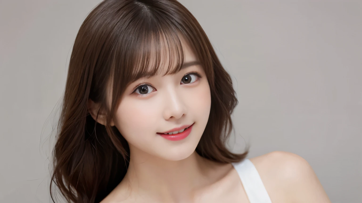 table top, highest quality, figure, super detailed, finely, High resolution, 8k wallpaper, 完璧なダイナミックな構figure, detailed and beautiful eyes, Wearing a white bikini swimsuit,medium hair,natural color lip, bold sexy pose,smile,Harajuku、20 year old girl、cute、sexy shot looking at camera、C cup、brown hair、cacique#39;face、background is white、white background