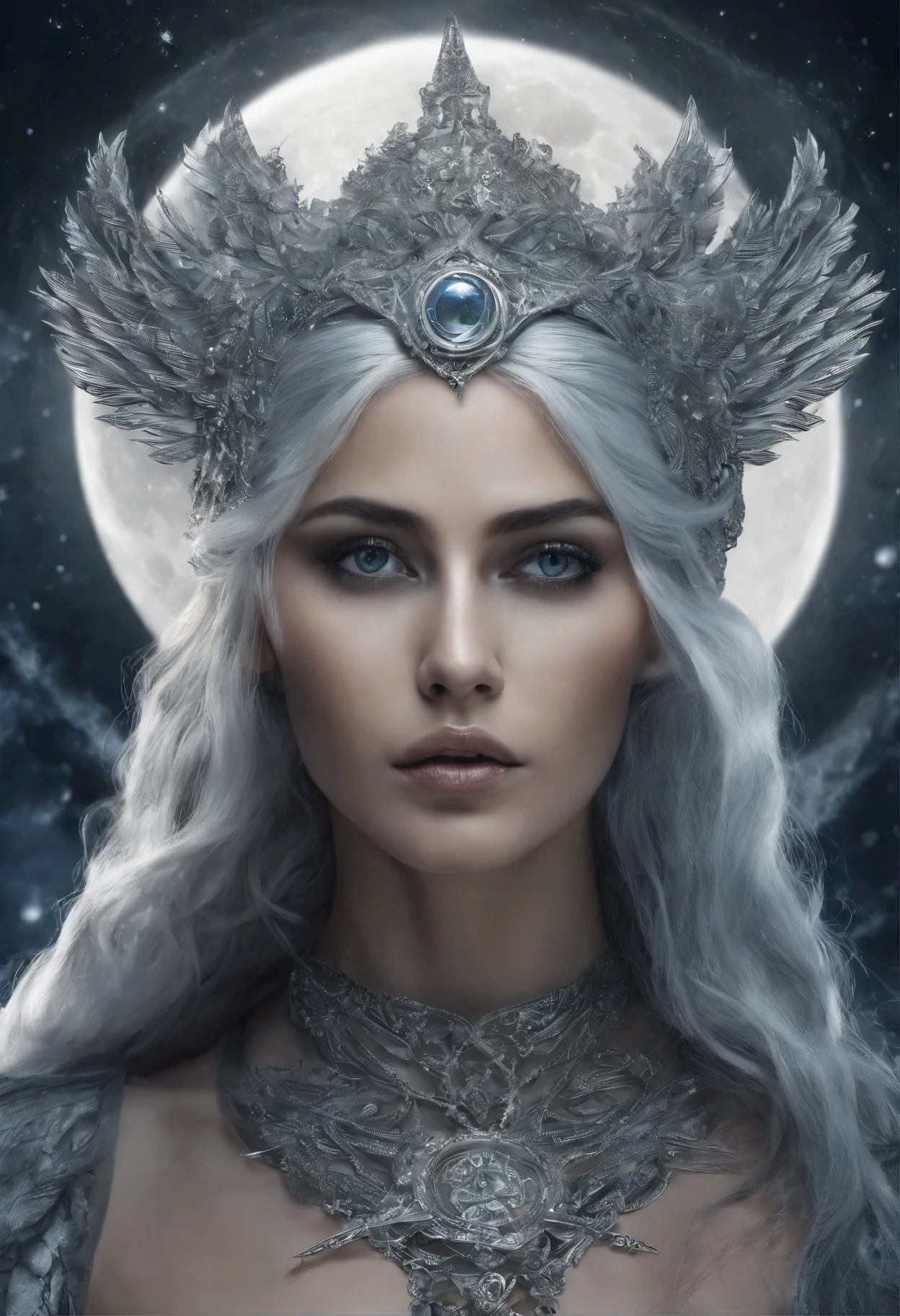 photo, 8k portrait of beautiful moon goddess with silver hair, flowing gown, full moon background, intricate, elegant, highly detailed, majestic, digital photography, masterpiece, sidelighting, finely detailed beautiful eyes: hdr, realistic, high definition, cinematic photograph