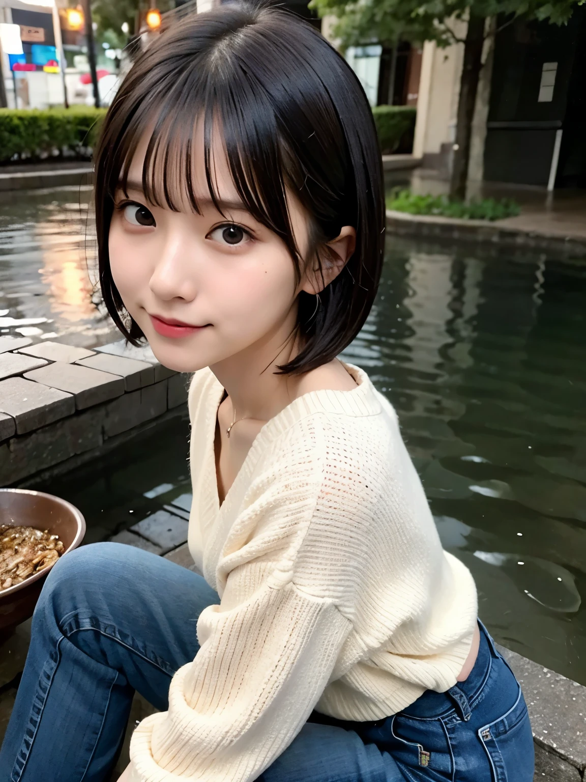 Best quality,raw photo  , 19 years old Japanese female idol, face closeup ,from above ,looking up,look at viewer,arched back , Spread legs,v-neck sweater ,boyfriend jeans,Short hair, bowl cut ,cute face  ,edgy  ,wet ,selfie, rain,night, park